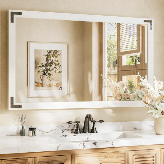 TETOTE 48 x 30 White Wood Mirror for Bathroom Wall/Bedroom/Living Room/Entryway Farmhouse Rustic Bathroom Vanity Mirror for Over Sink Waterproof (Horizontal/Vertical Mounted)