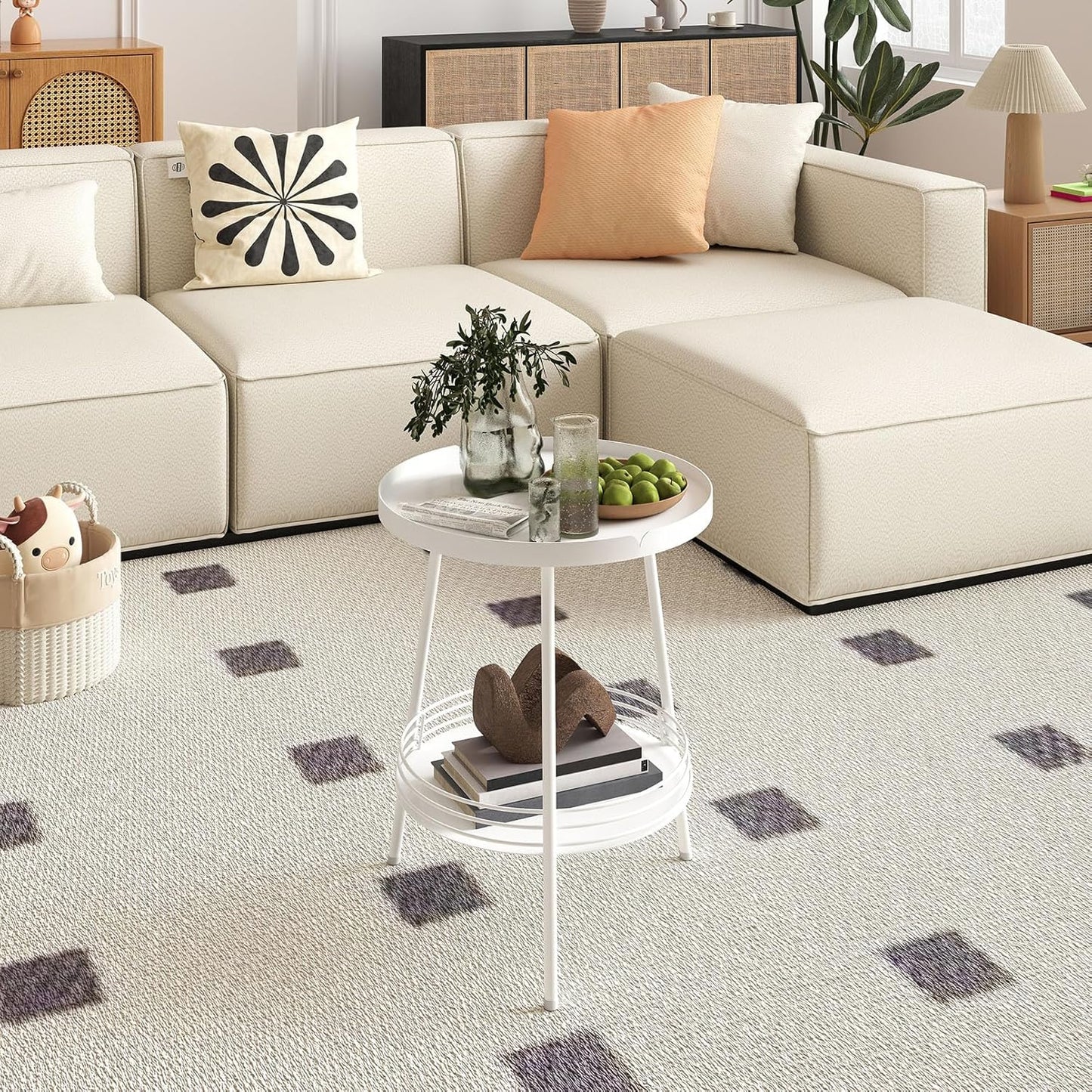 Benkyo 2 Tier White Metal Round Side Table Tiered Two Shelf Storage Coffee Sofa End Table for Living Room and Bedroom,White