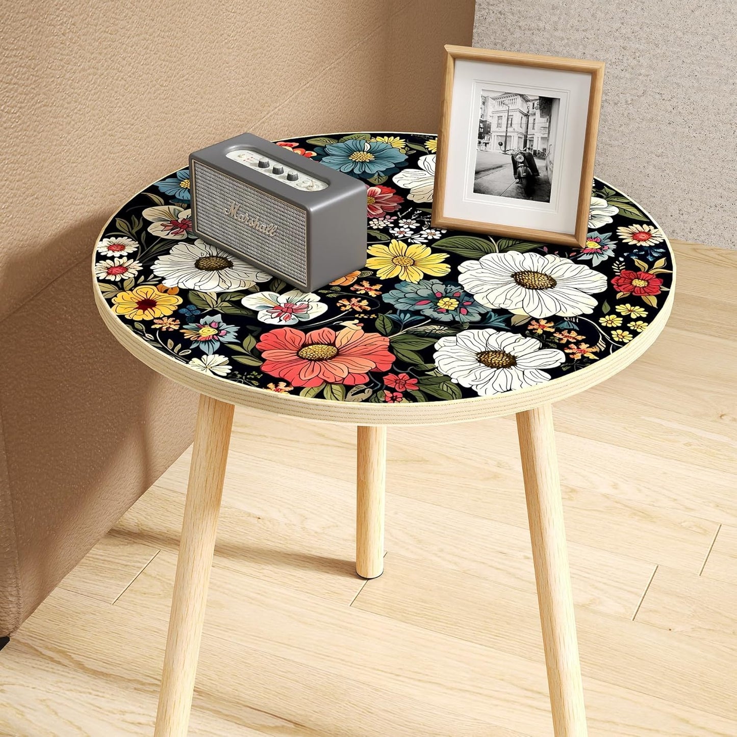 Mandala Round End Table, Small Side Table with Colorful Flowers Finish, Retro Modern Small Coffee Table for Balcony, Living Room(15.7" Dia. x 18.5" H, Colorful, Round)