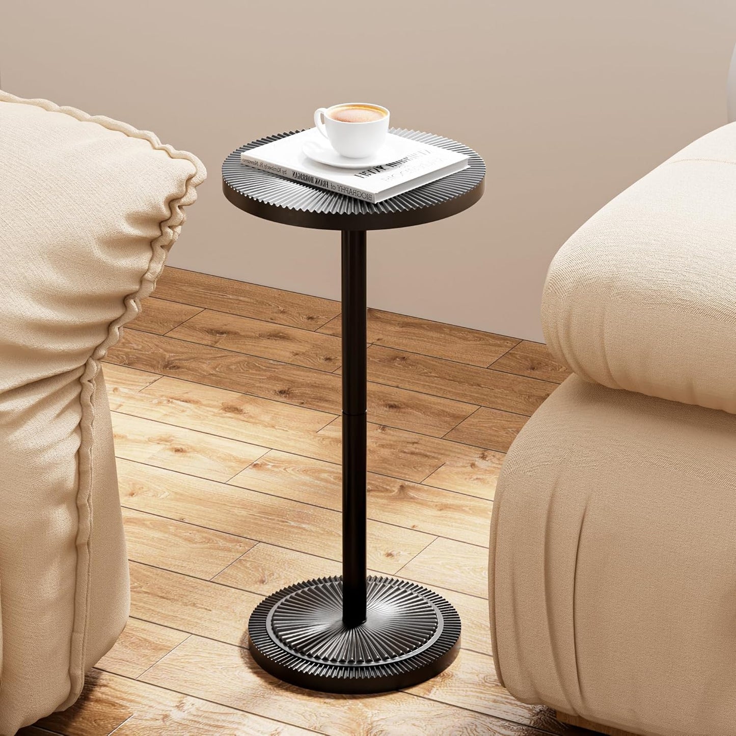 Carved Drink Table, Round Small Side Table for Small Spaces, Modern Accent Tables, End Tables with Carved Top & Base for Living Room, Bedroom, Corners, and Office (Black, 11.81 inch)