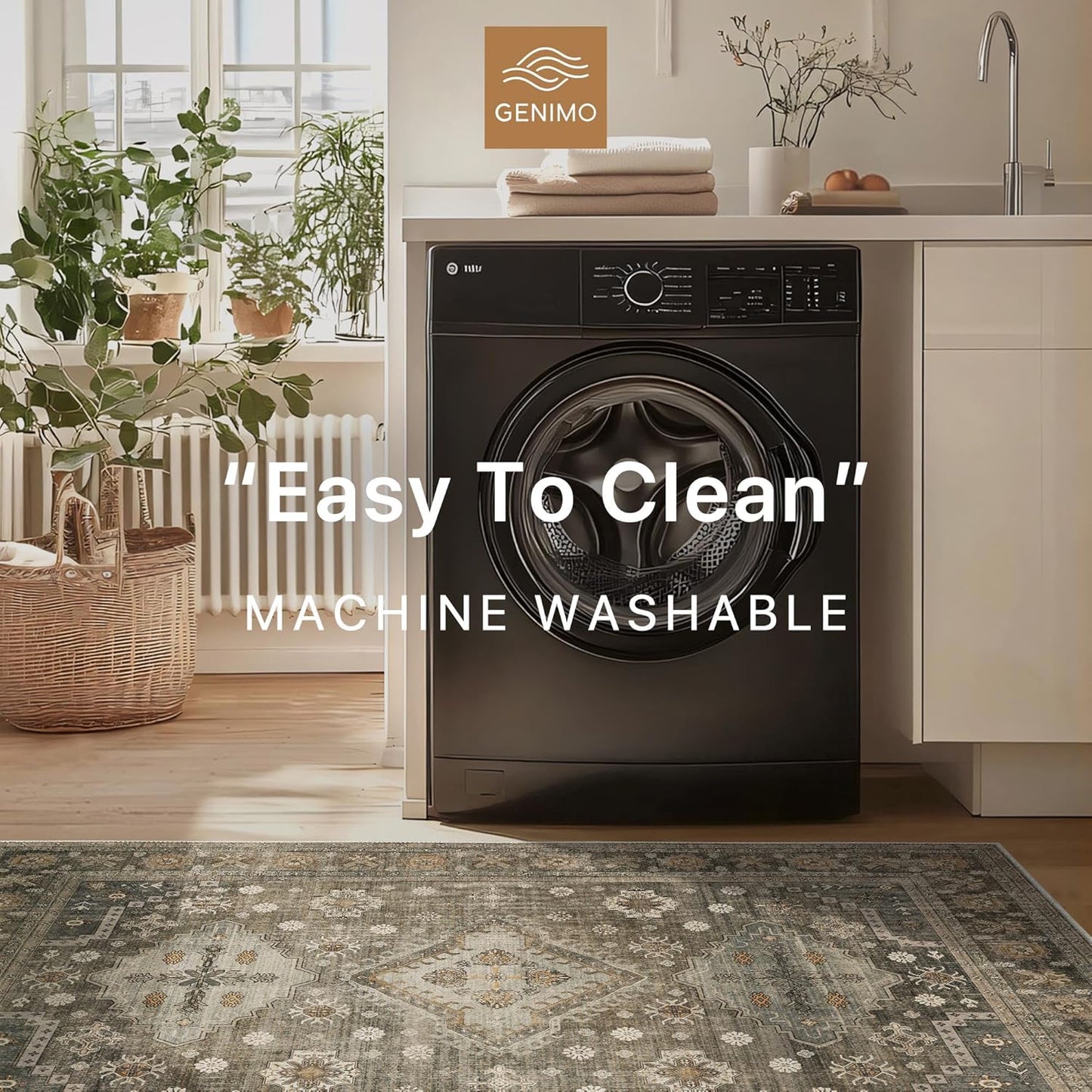 GENIMO 9x12 Area Rugs for Living Room, Machine Washable Low Pile Rugs, Non Slip Vintage Rug for Bedroom, Dining Room, Home Office, Kitchen, Distressed Deep Brown