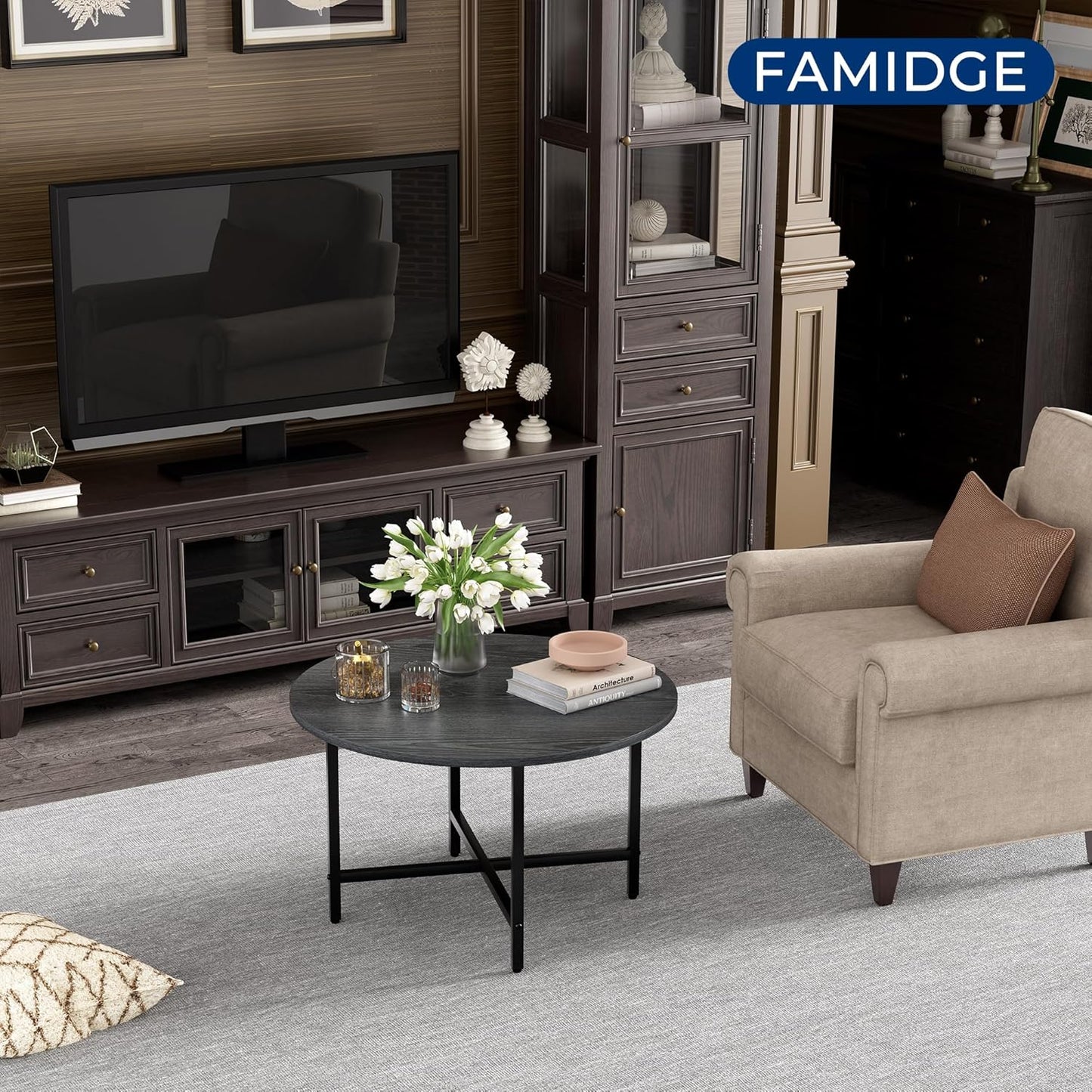 Round Coffee Table, 23.6" Small Coffee Tables for Living Room, Circle Coffee Table with Metal Frame, Floor Table Desk for Sitting on The Floor, Home, Office, Grey