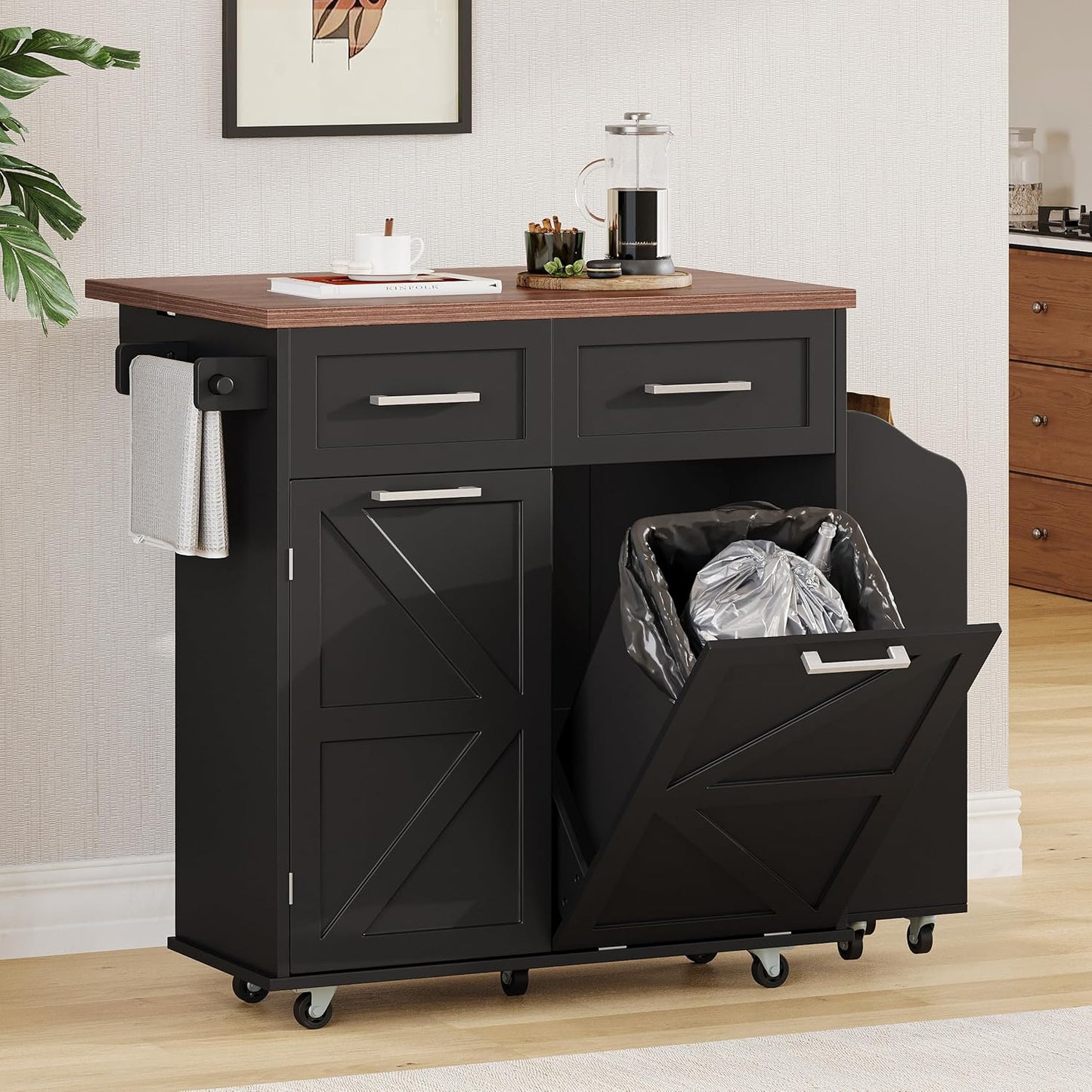 Ball & Cast Farmhouse Kitchen Island with Drop Leaf,Rolling Kitchen Cart on 5 Wheels W/Removable Side Racks and 2 Drawers,Kitchen Storage Cart W/Towel Rack,for Kitchen,Dining Room,Black,47.2"