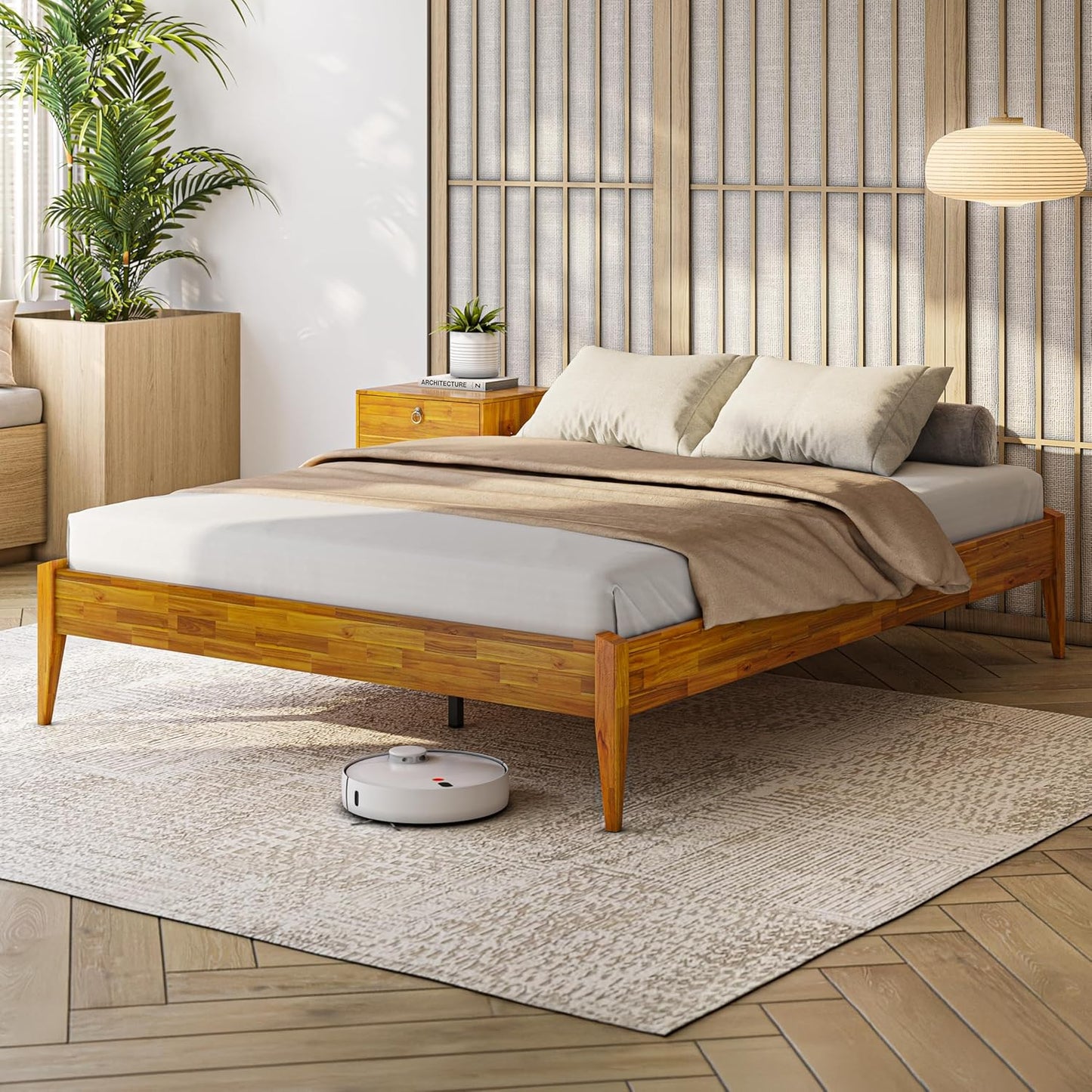 Bme Dinkee Wooden Queen Bed Frame, 15 Inch Height, Elegant Minimalist Modern Design with Japanese Joinery, Durable Wood Slats for Reliable Support, No Box Spring Required, Caramel