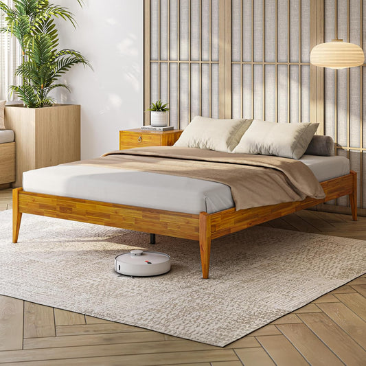 Bme Dinkee Wooden Queen Bed Frame, 15 Inch Height, Elegant Minimalist Modern Design with Japanese Joinery, Durable Wood Slats for Reliable Support, No Box Spring Required, Caramel