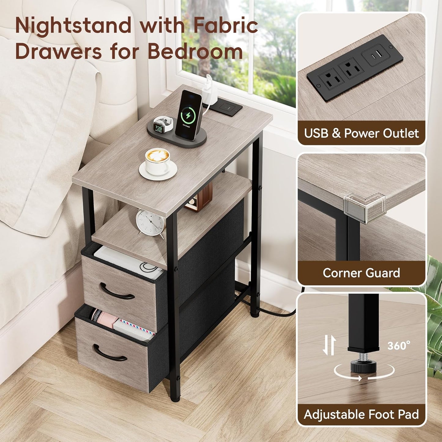 Vagusicc Set of 2 Nightstand with Charging Station and LED Lights, Narrow Side Table, LED Night Stand with 2 Fabric Drawers, Bedside Table Small End Table, Tall Nightstand for Bedroom, Rustic Grey