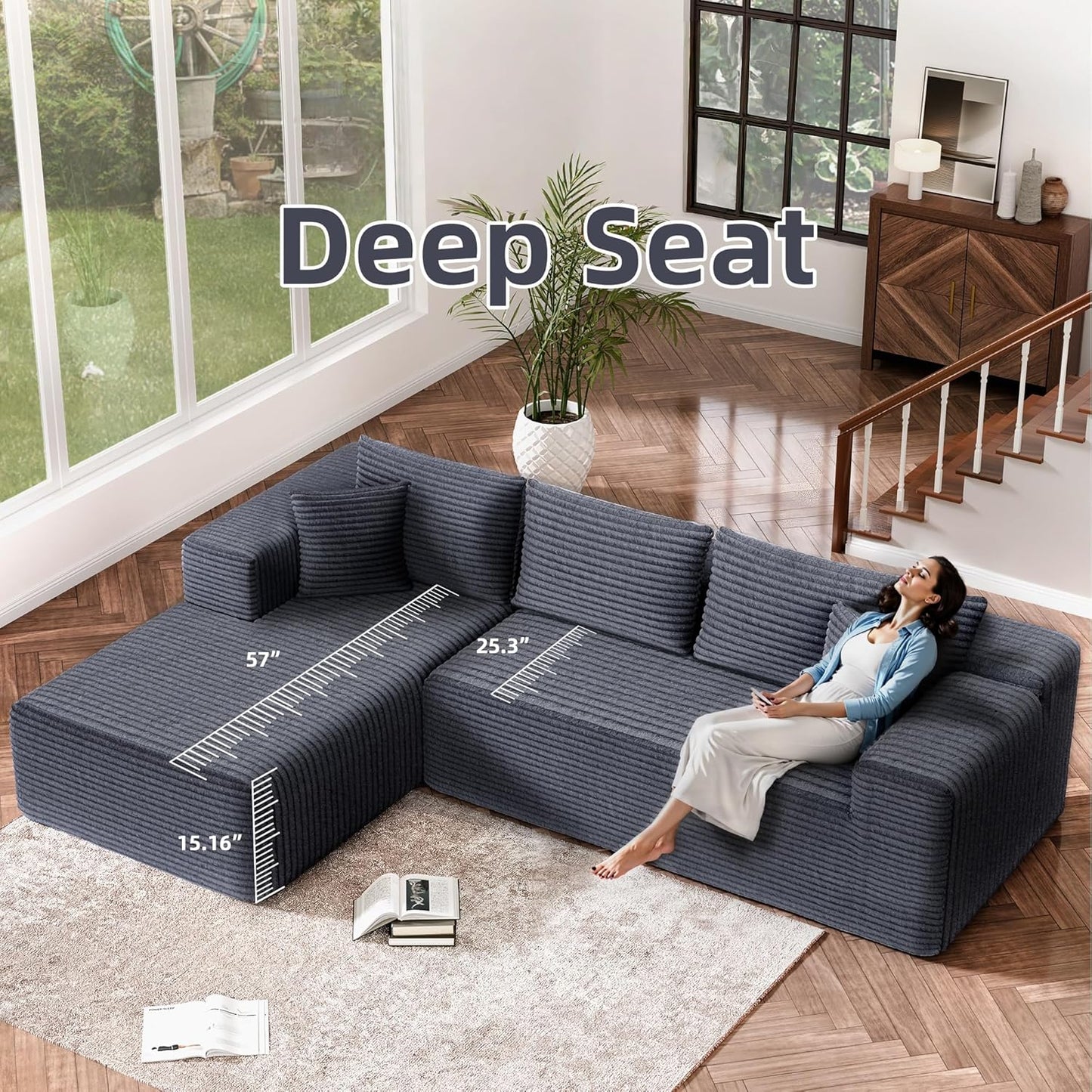 Cloud Sectional Couch, 104”L-Shape Large Oversized Sofa with Right Chaise Lounge, Modular Sleeper Couch with Pillows & Deep Seat, Flannel Velvet Compressed Sofa for Living Room, Dark Gray