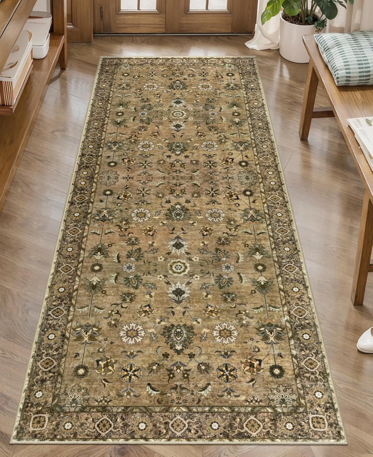 Floral Runner Rug 2x5 Washable for Hallway, Non-Slip Vintage Boho for Entryway Indoor, Brown Print Carpet Runner, Soft Low Pile Long Rug for Kitchen Bedroom