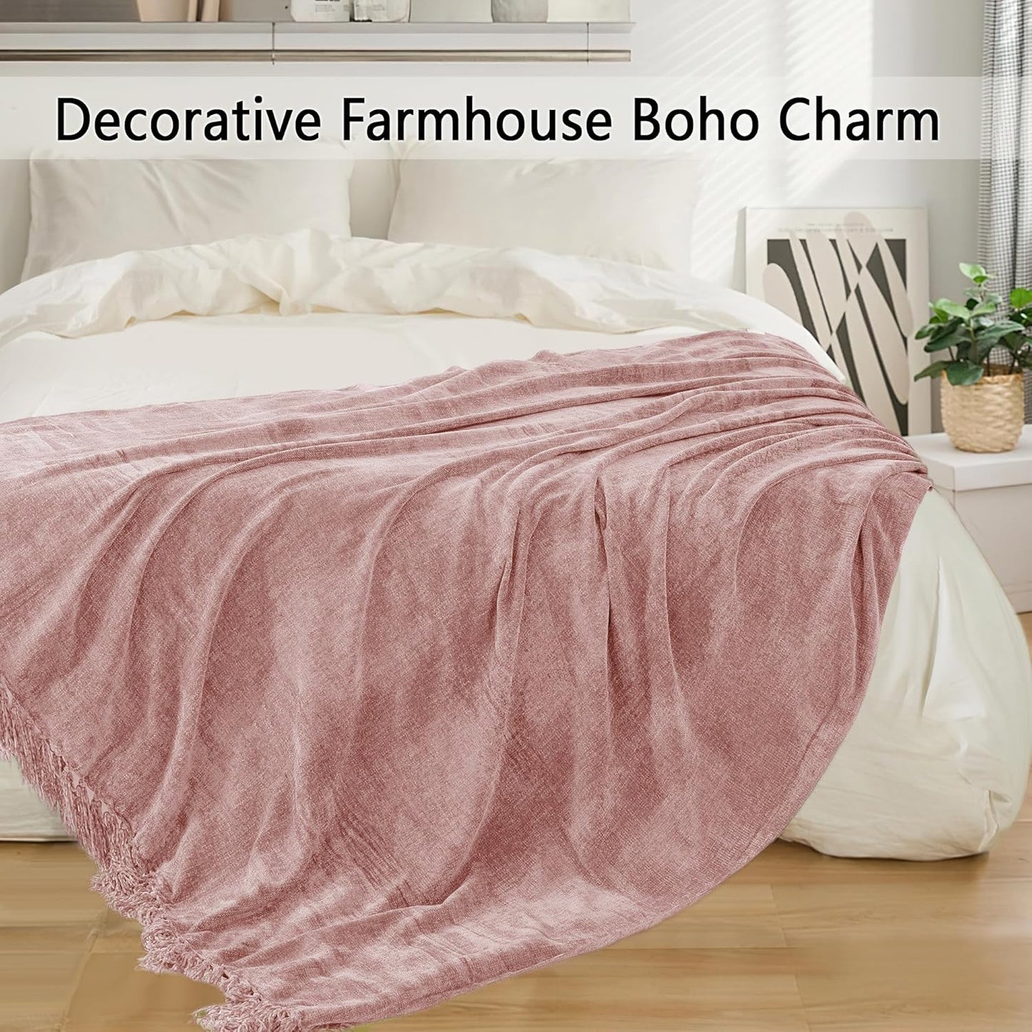 Chenille Throw Blanket for Couch 60"X 80" Twin, Soft Cozy Throws with Fringe Tassel for Bed Sofa Chair Cover, Lightweight Knitted Decorative Boho Blankets for Living Room, Dusty Pink
