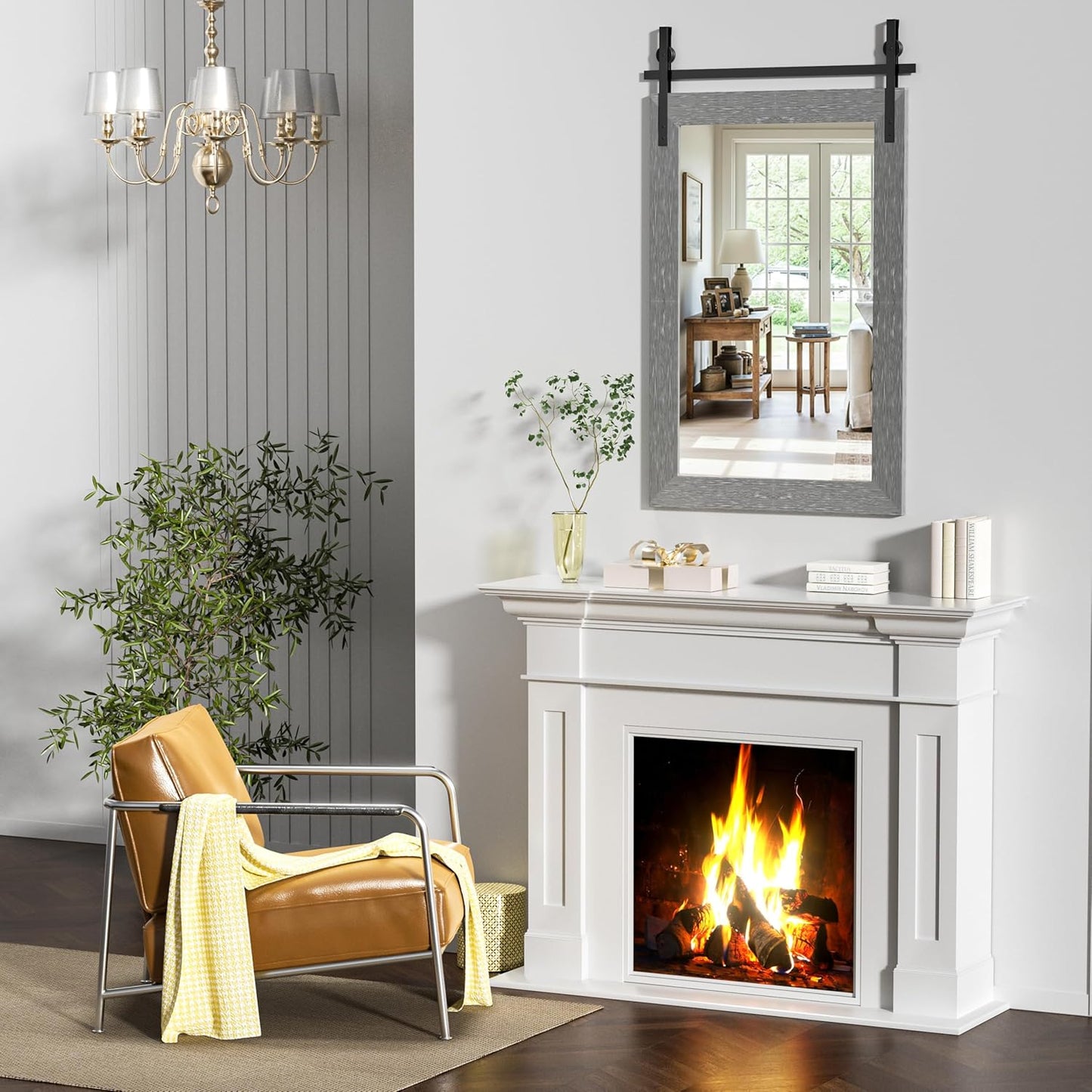 Hasipu Farmhouse Bathroom Mirror, 24"x36" Rustic Wood Framed Wall Mounted Mirror, Gray Vintage Vanity Mirror Barn Door Style Decrative Mirrors