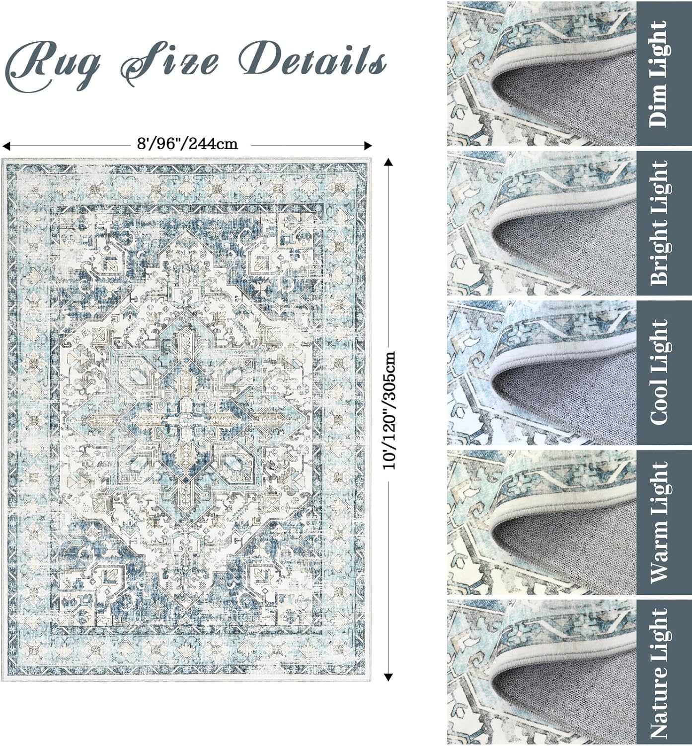 zesthome 8x10 Area Rugs-Washable Rug for Living Room, Non-Slip Backing Rugs, Stain Resistant 8x10 Rug for Bedroom, Ultra-Thin Low Pile Rugs, Vintage Large Home Decor