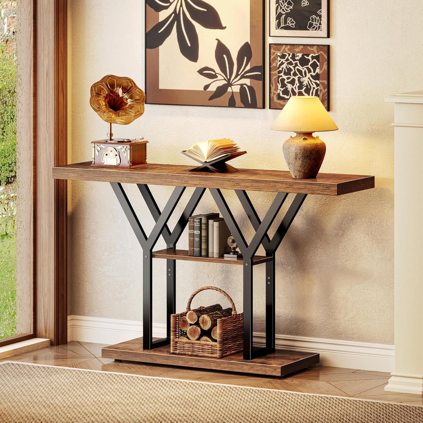 Huuger 47.2 Inch Entryway Table, Industrial Console Sofa Table, 3 Tier Accent Table, for Entry, Hallway, Entrance, Foyer, Y-Shaped Metal Base, Rusitc Brown
