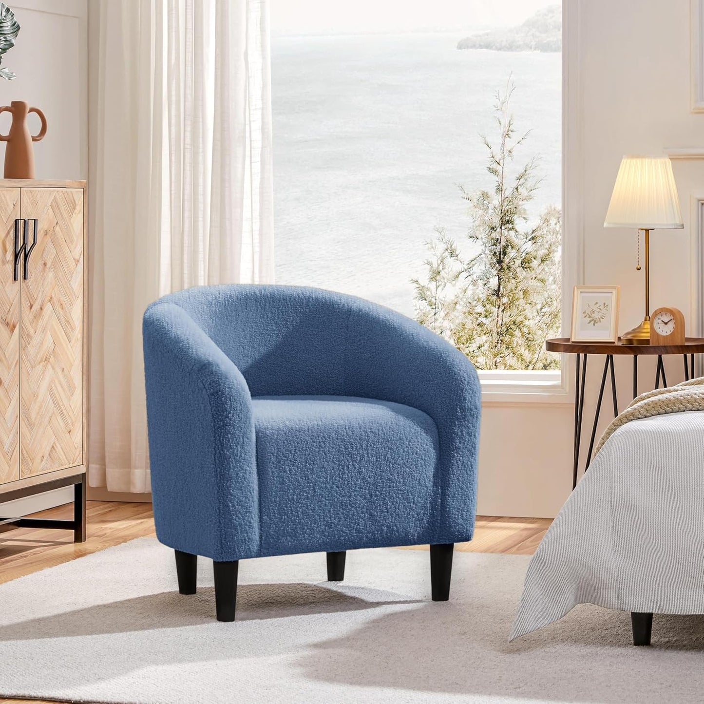 Yaheetech Accent Barrel Chair, Boucle Fabric Club Chair, Furry Sherpa Elegant Armchair with Cozy Soft Padded, Suitable for Living Room Bedroom Reception Room Office, Blue