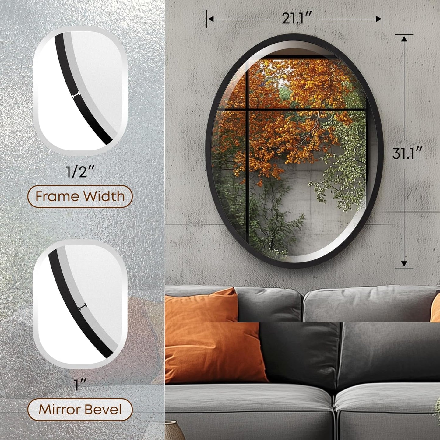 OVALCREST - Oval Wooden Beveled Wall Mirror for Home Decor, Bathroom, Vanity, Bedroom, Living Room, Hallway - London Style (Matte Black) 21.1 x 31.1