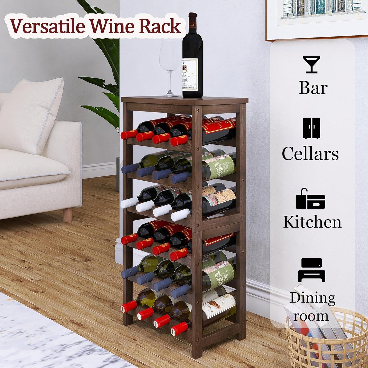 24-Bottle Wine Rack, 6 Tier Bamboo Wine Display Storage Shelves with Tabletop, Floor Freestanding Wine Bottle Holder with Wobble-Free Shelves, Walnut
