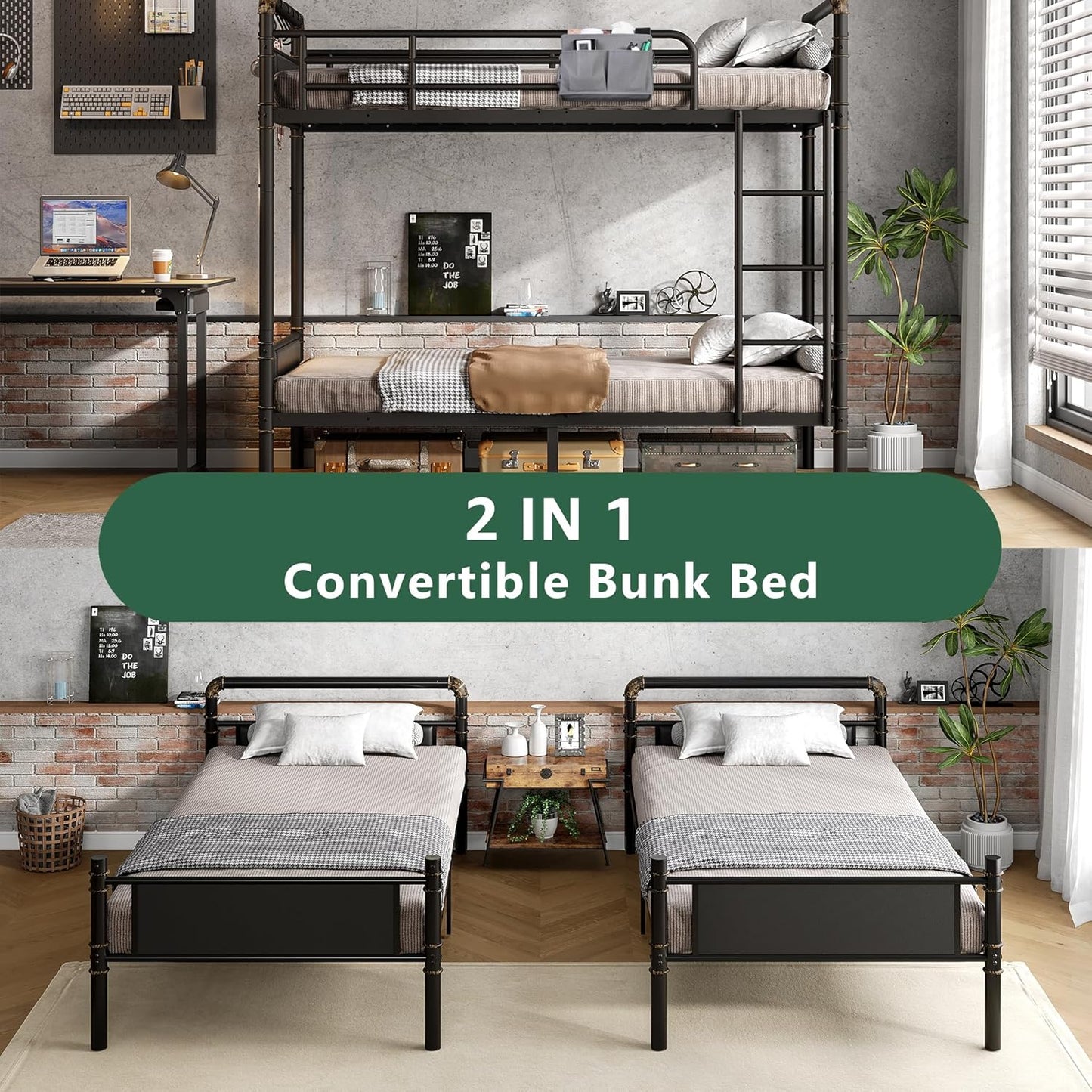 Metal Bunk Bed Twin Over Twin, Industrial Bunkbeds Heavy Duty Bed with Safety Guard Rails and Space-Saving Design, Steel Bed for School, Bedroom (Black)