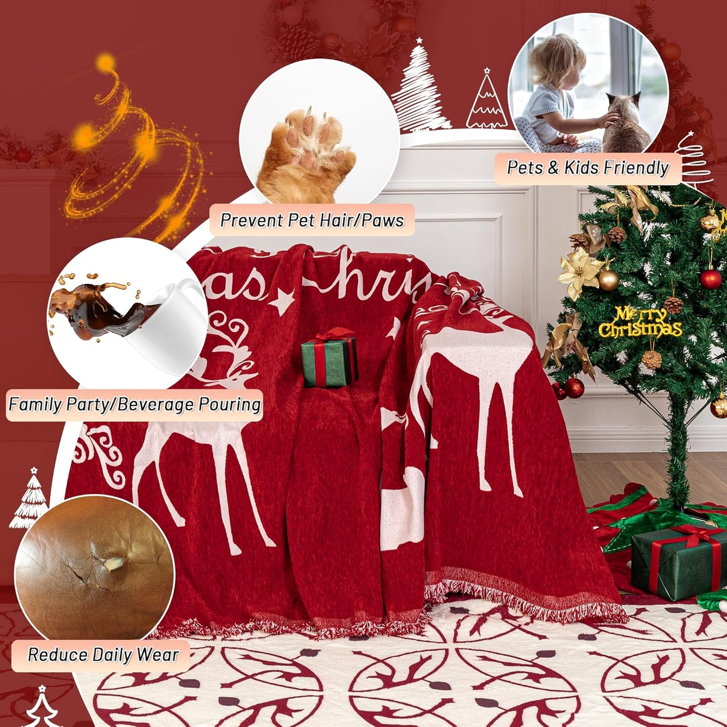 MYSKY HOME Christmas Couch Cover for Sofa Couch Covers for Pets, Non Slip Dogs Furniture Protector with Tassels for Living Room Non Slip Washable Furniture Protector Cover for Pet, Cat, 71"x118", Red