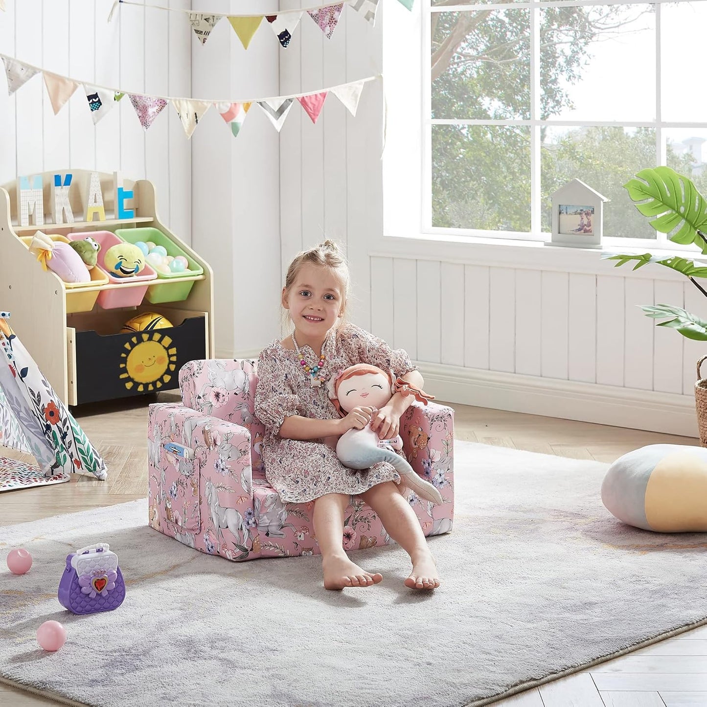 Ulax furniture Kids Convertible Sofas Children Flip-Out Sofa - 2-in-1 to Lounge Chair (Pink Unicorn)