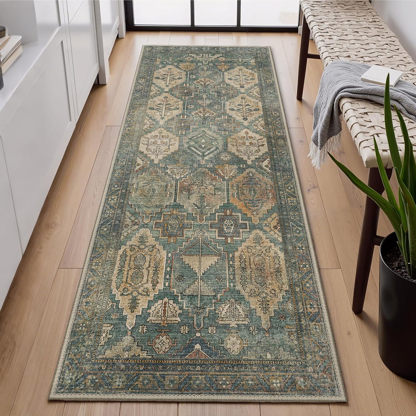 GENIMO 2x5 Runner Rugs for Hallway, Machine Washable Non Slip Vintage Rugs, Low Pile Lightweight Soft Print Rug for enrtyway, Corridor, Home Office, Kitchen, Sage Teal