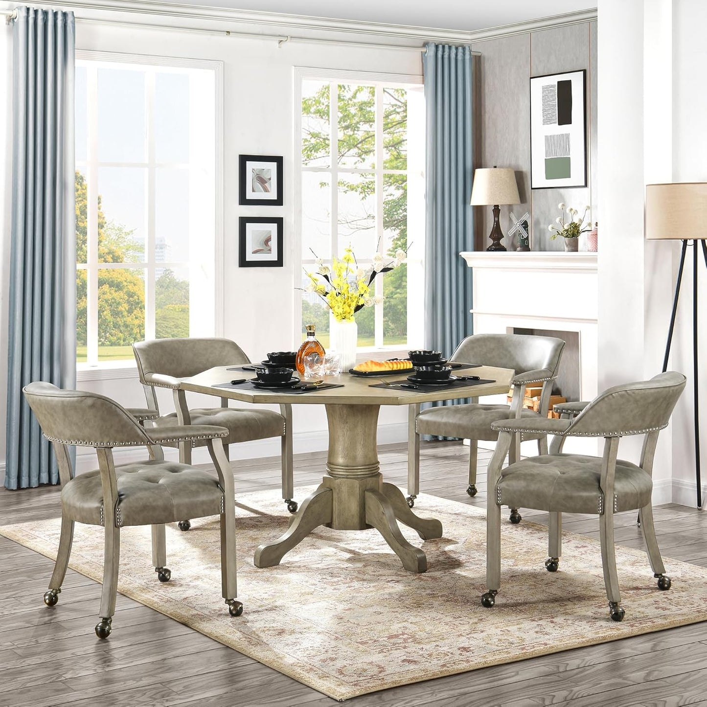 LEEMTORIG Large Dining Chairs with Casters and Arms, Rolling Dining Chairs with Wheels, Solid Wood Boss Caption's Chairs Office Desk Chairs, 26" D x25.2 W x 31.5" H, Soft Light Grey PU SY-1318-UA