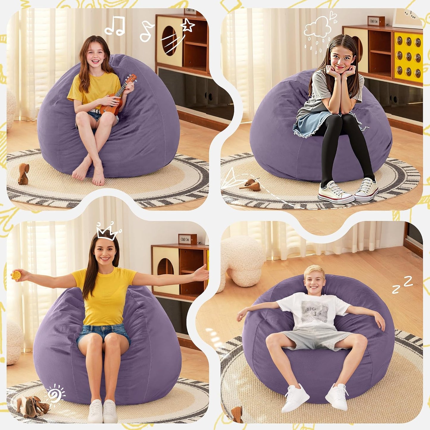 HABUTWAY 2FT Bean Bag Chair, 2' Beanbags Small Bean Bag Chairs with Filling, Teardrop Bean Bag Chair Luxurious Velvet Ultra Soft Fur with Removable Cover (Purple)