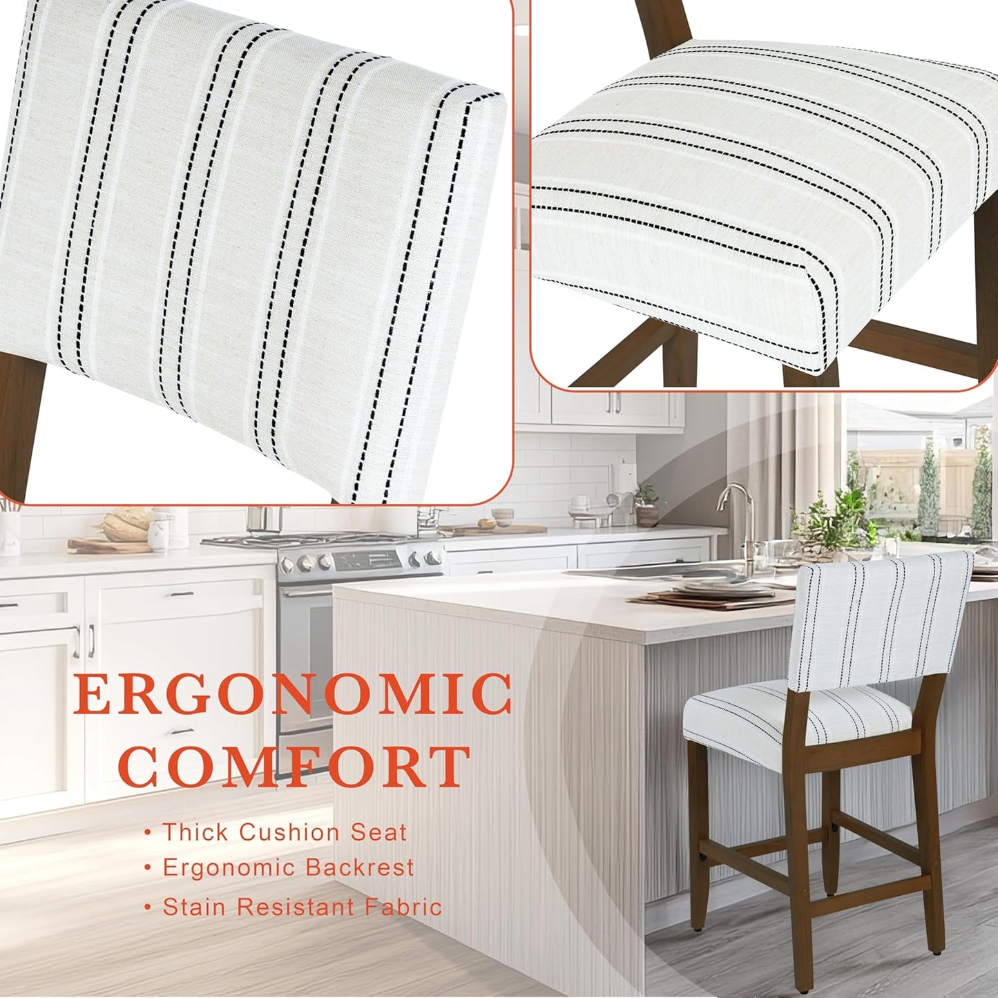 HomePop 24" Open Back Counter Stool|HomePop Home Décor|Fabric Chairs for Dining Room, Kitchen and Living Room - Black and White Stripe(Single Pack)