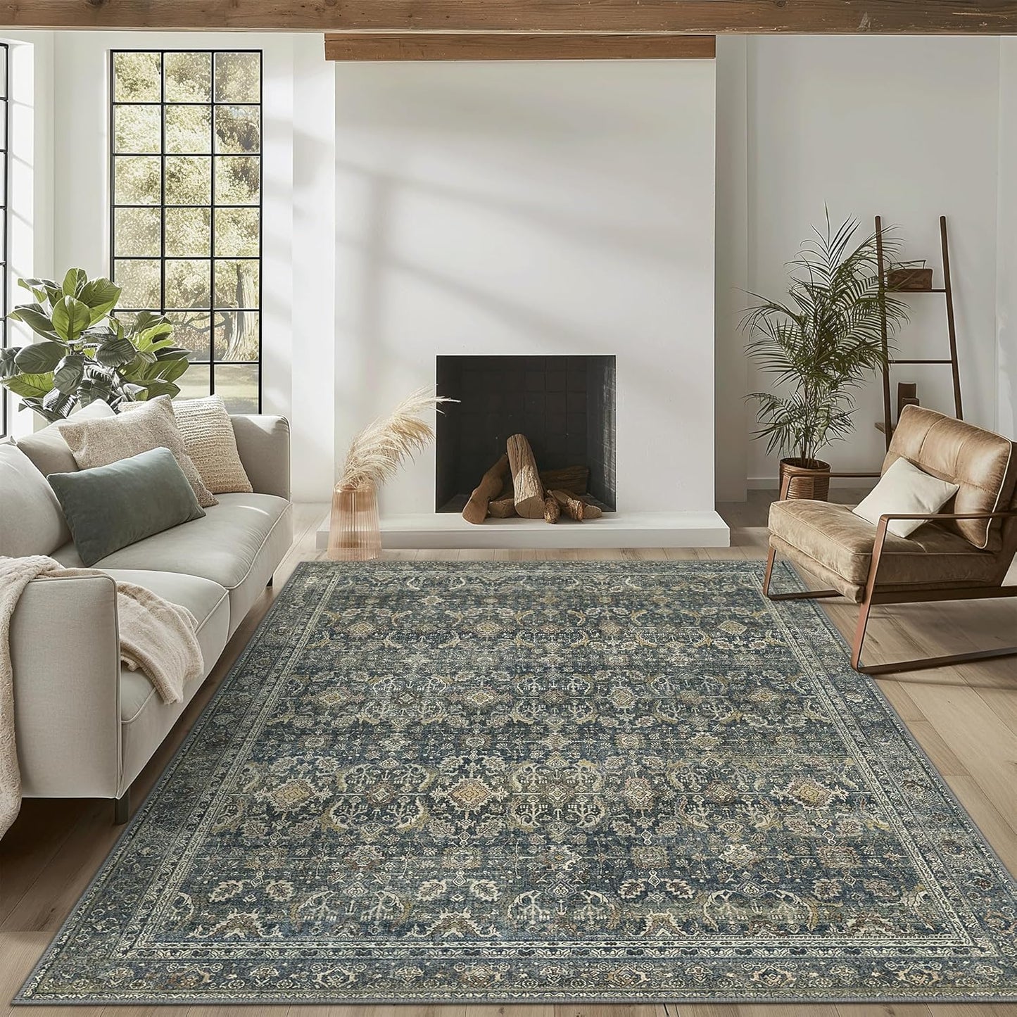 2X10 Area Rugs Machine Washable Rugs for Living Room, Vintage Boho Large Rugs for Bedroom Dining Room, Non Slip Indoor Soft Distressed Lightweight Thin Low Pile Carpet, Deep