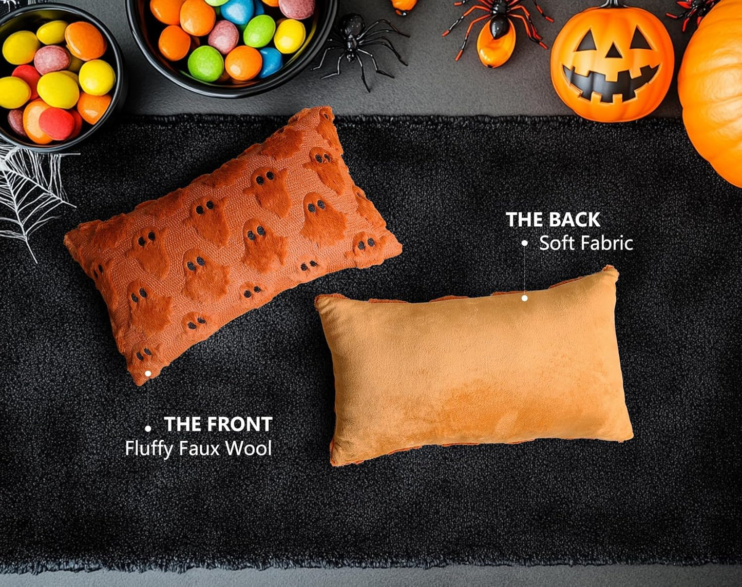 4TH Emotion Halloween Ghost Decorative Lumbar Pillow Covers 12x20 Set of 2, Rust Red Soft Plush Faux Fur Farmhouse Throw Cushion Cases for Fall Autumn Holiday Home Decorations