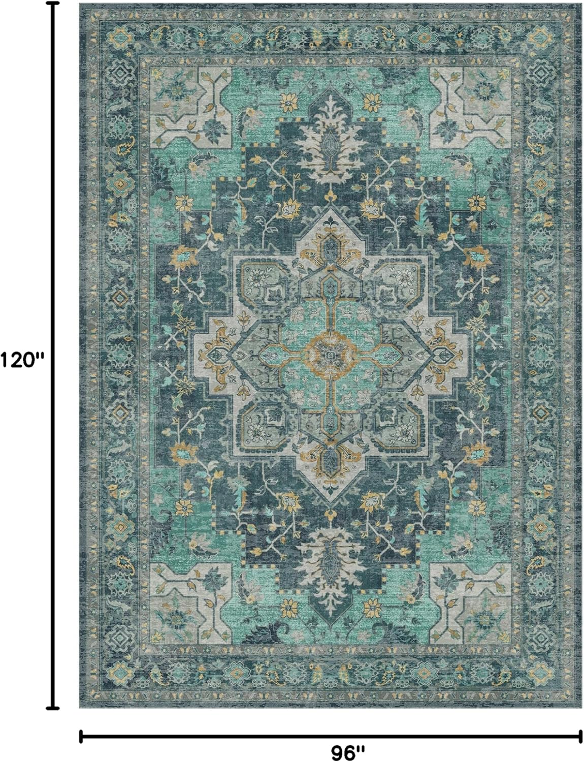 GENIMO 8x10 Area Rugs for Living Room, Machine Washable Non Slip Vintage Rugs, Low Pile Lightweight Chenille Print Rug for Bedroom, Dining Room, Home Office, Dark Green