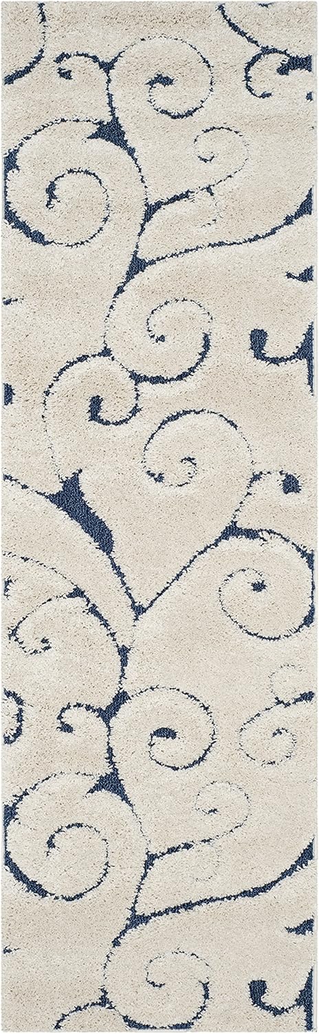 SAFAVIEH Florida Shag Collection Runner Rug - 2'3" x 21', Cream & Blue, Scroll Design, Non-Shedding & Easy Care, 1.2-inch Thick Ideal for High Traffic Areas in Living Room, Bedroom (SG455-1165)