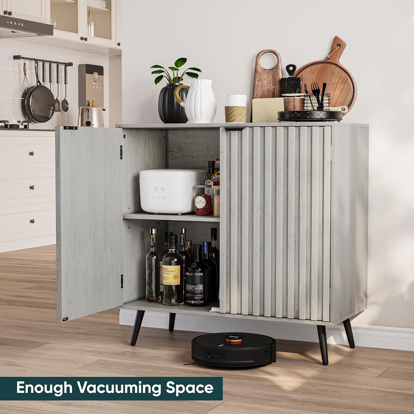 Semiocthome Gray Buffet Cabinet with Storage, Sideboard with Fluted Doors and Metal Legs, Storage Cabinet with Adjustable Shelf, Accent Table for Living Room, Dining Room, Kitchen, Entryway