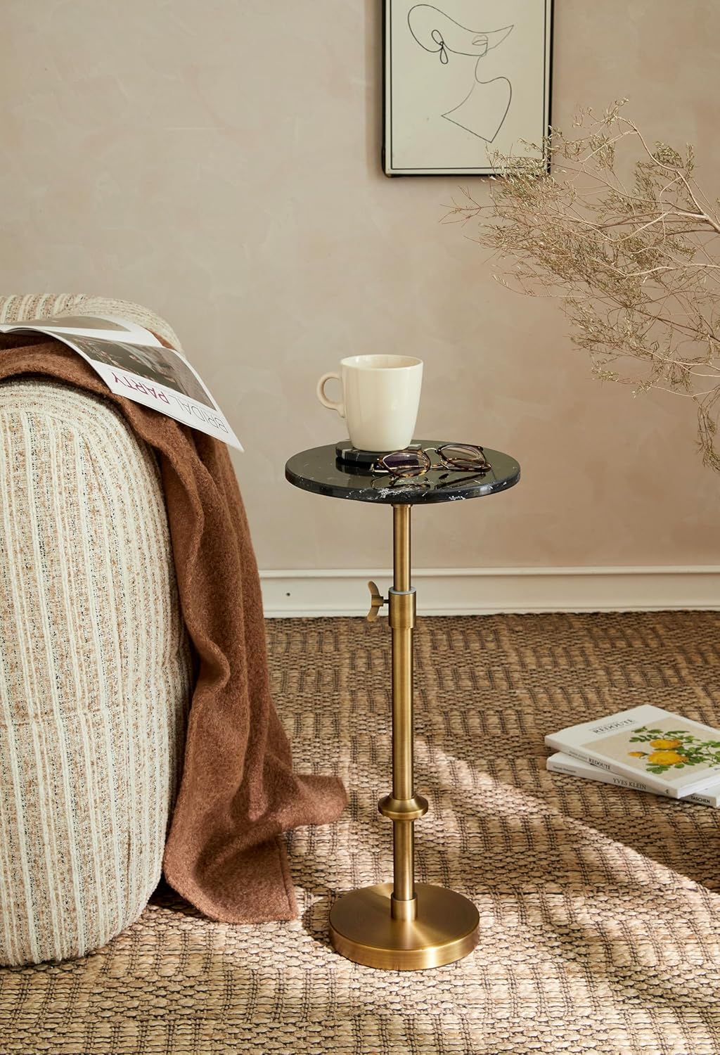 Adjustable-Height Marble Drink Table - 10x10x22-30, Black Marble & Antique Brass, Modern Round End Table, Side Table with Pedestal Stand for Small Spaces, Vintage Metal Martini Cocktail Accent