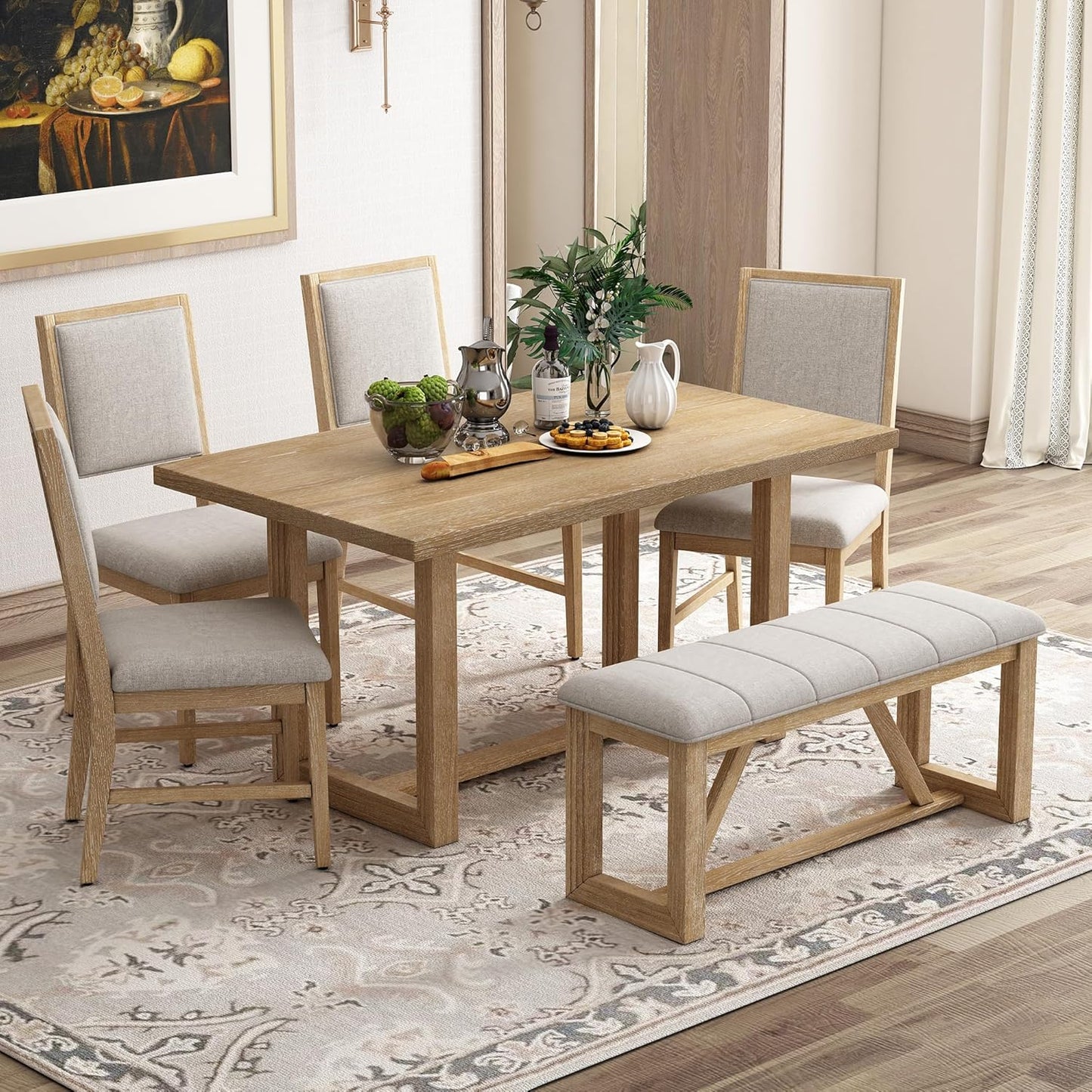 Merax Farmhouse Wood 6-Piece Dining Set, 59.6 inch Rectangular Table, 4 Upholstered Chairs and 1 Bench for Kitchen, Natural