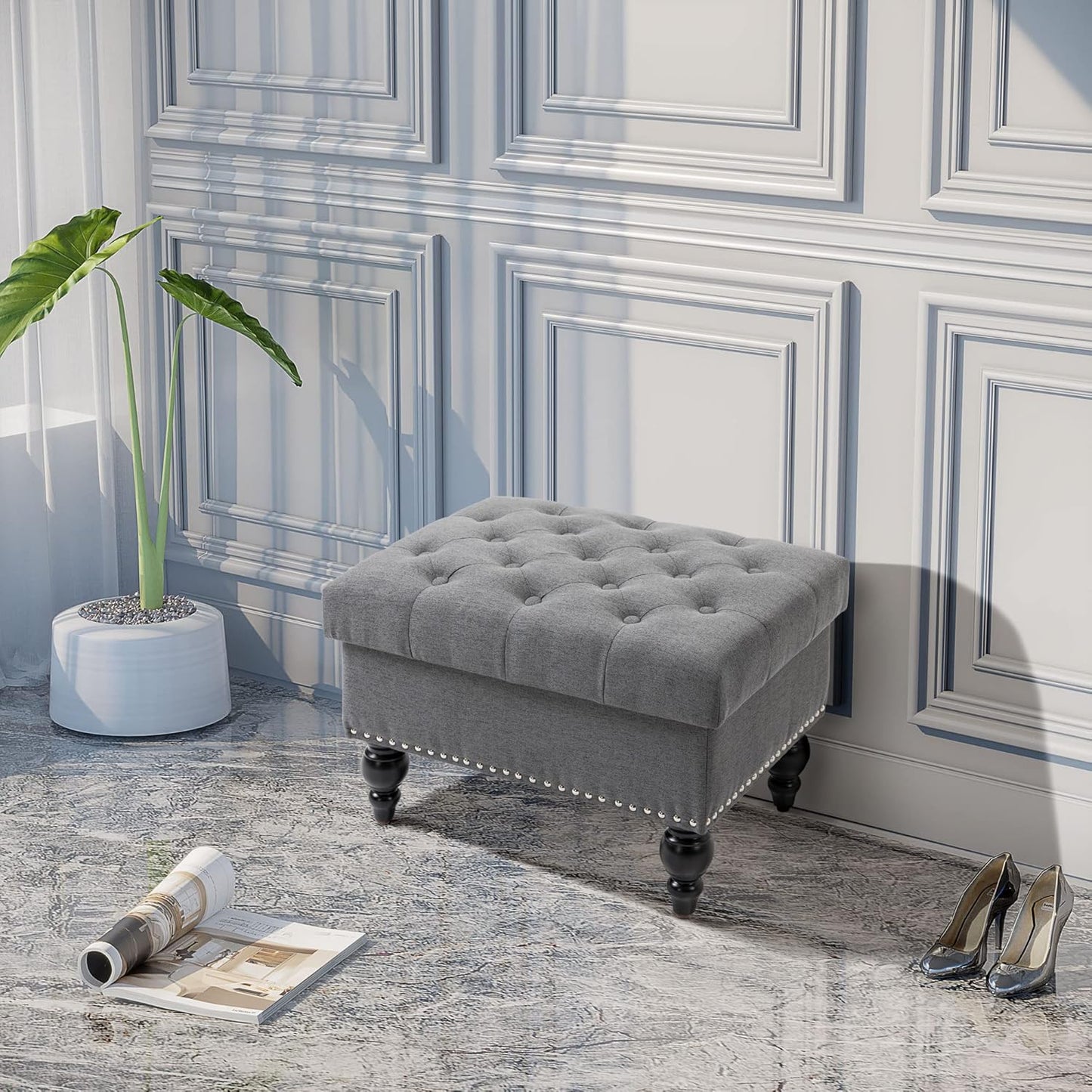 HOMCOM Ottoman with Storage for Living Room, 25" Storage Ottoman with Removable Lid, Button-Tufted Fabric Bench for Footrest and Seat with Wood Legs, Gray