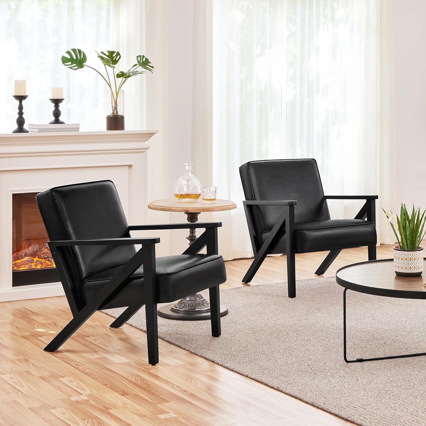 Yaheetech Accent Chair, PU Leather Reading Chair, Mid Century Modern Arm Chair with Solid Wood Frame for Living Room Bedroom Waiting Room, 2 Pieces, Black