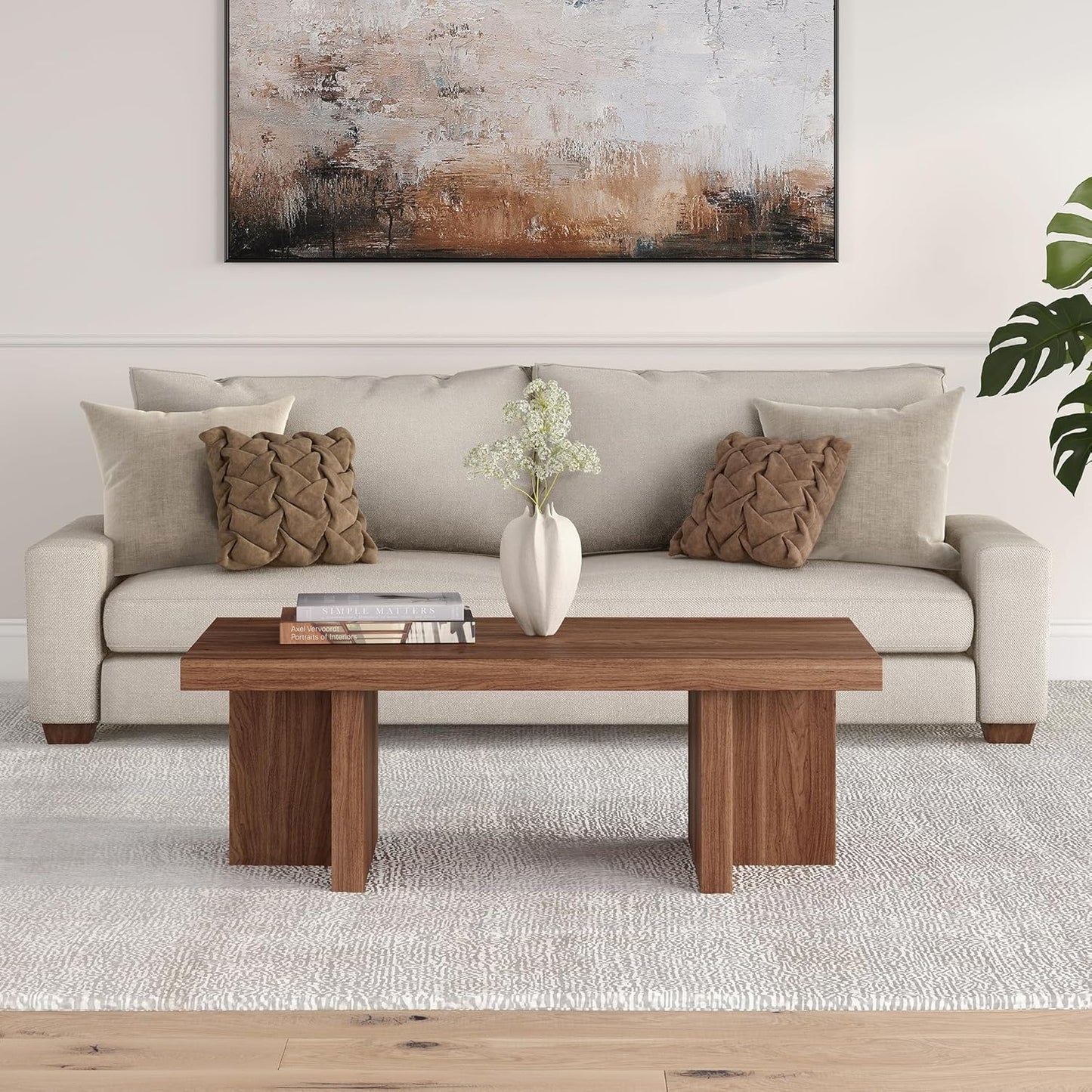 Henn&Hart 44" Rectangular Low-Profile Wood Coffee Table with Sled Base for Living Room, Family Room, or Office, Satin Walnut
