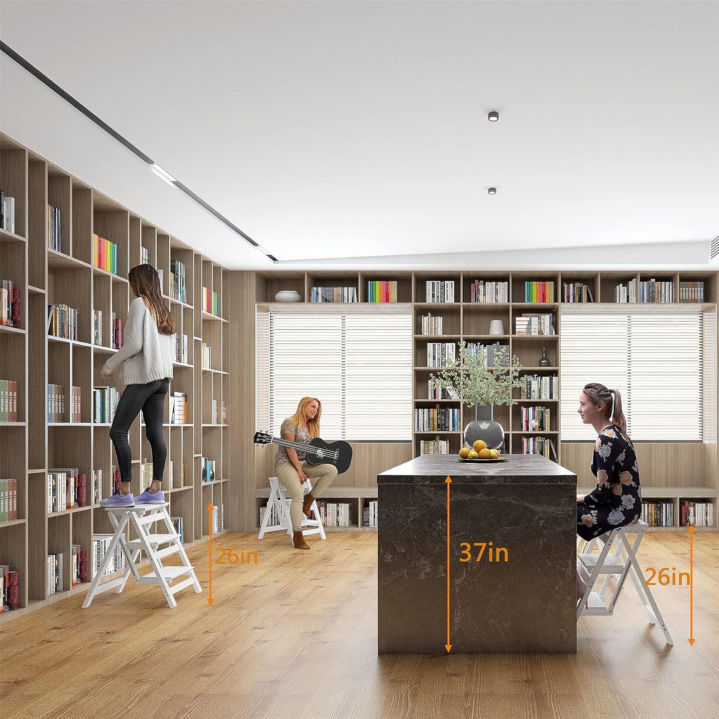 KINGBO Step Stool for Adults/Step Ladder/Counter Chair, 3-Step Folding Portable Wooden Step Stool, Anti-Slip & Lightweight (White)