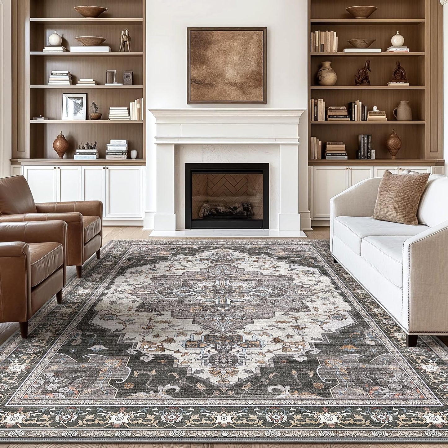 GENIMO 8x10 Area Rugs for Living Room, Machine Washable Non Slip Vintage Rugs, Low Pile Lightweight Chenille Print Rug for Bedroom, Dining Room, Home Office, Slate Gray