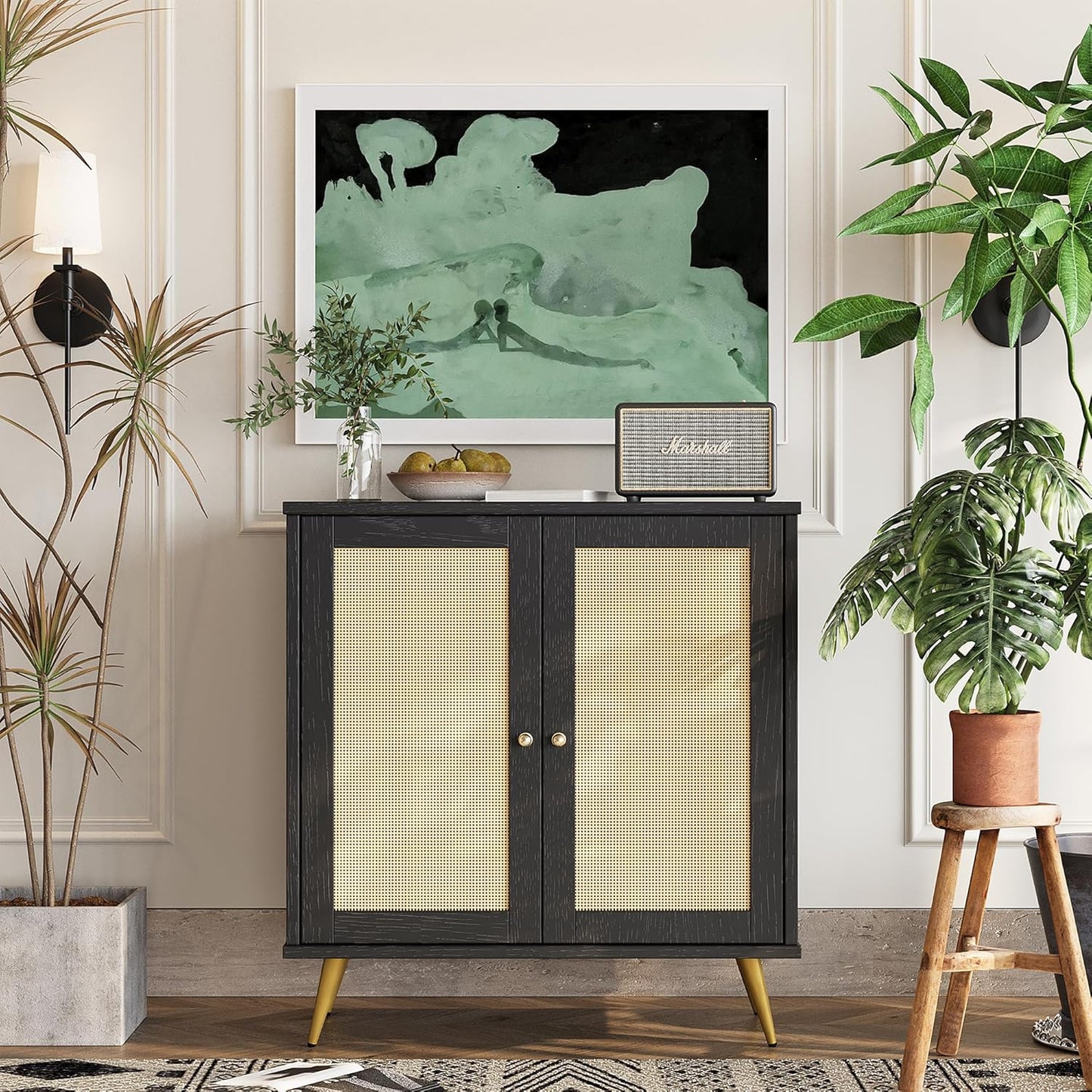 Shintenchi Rattan Buffet Cabinet with Storage, Sideboard Buffet Cabinet with Rattan Decor Doors, Modern Wood Cupboard for Kitchen Living Room Dining Room Hallway Entry,Black