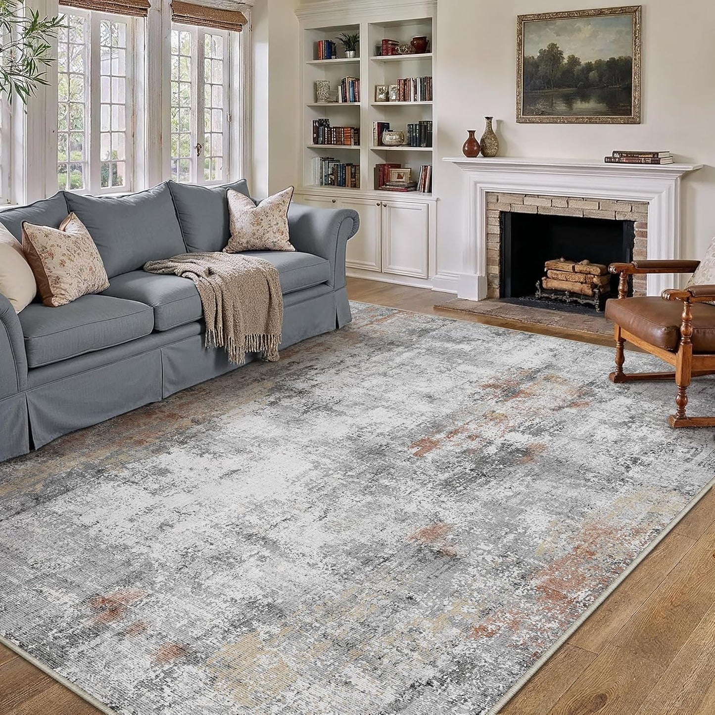9x12 Washable Area Rug Grey Rust Modern Neutral Abstract Living Room Bedroom Indoor Floor Carpet Low Pile Soft Non-Slip Lightweight Vacuumable Large Throw Rug for Kitchen Dining Room