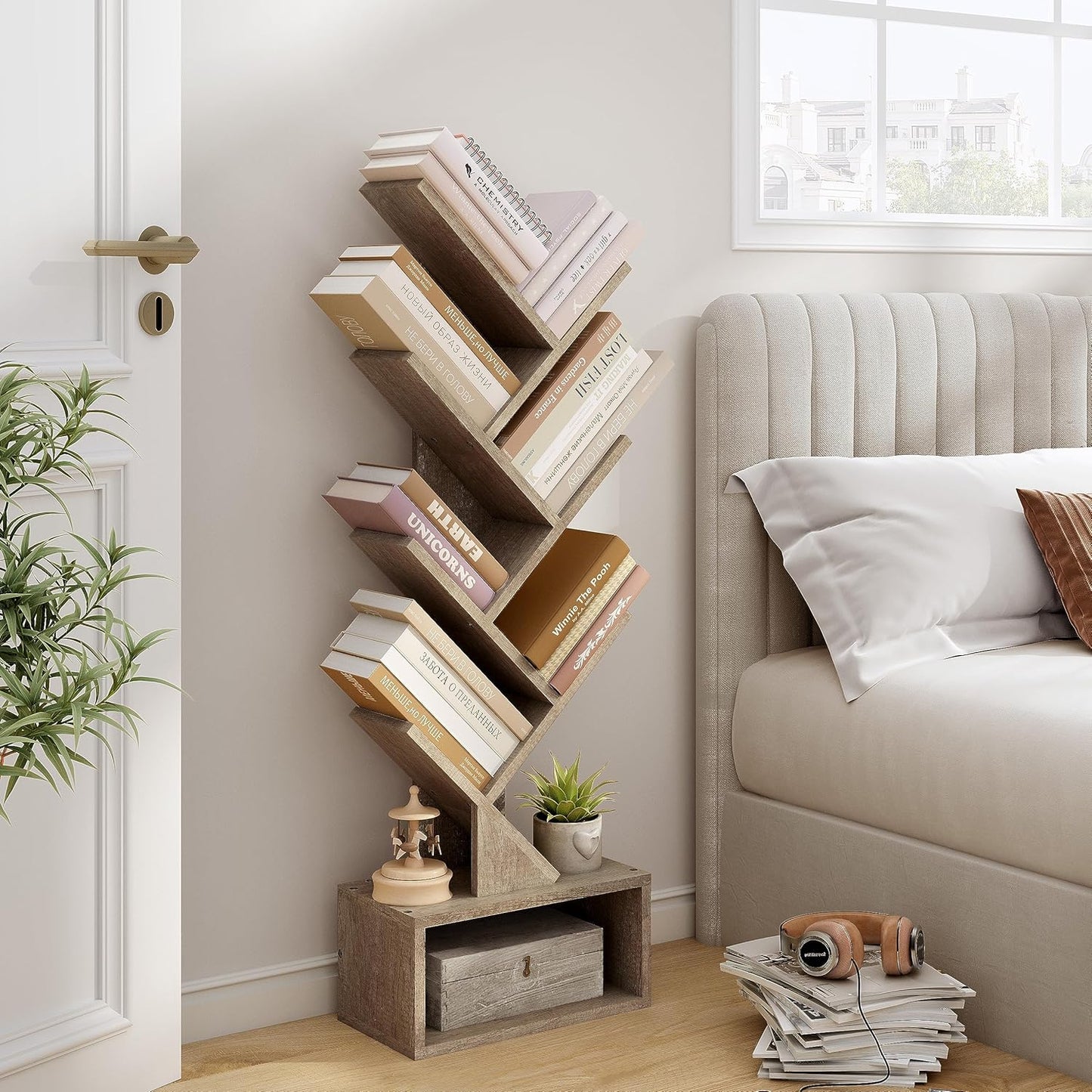 Hoctieon 6 Tier Tree Bookshelf, Tall Bookcase with Drawer, Freestanding Book Shelf, Display Floor Standing Storage Shelf, Book Organizer Shelves for Home Office, Living Room, Bedroom, Greige