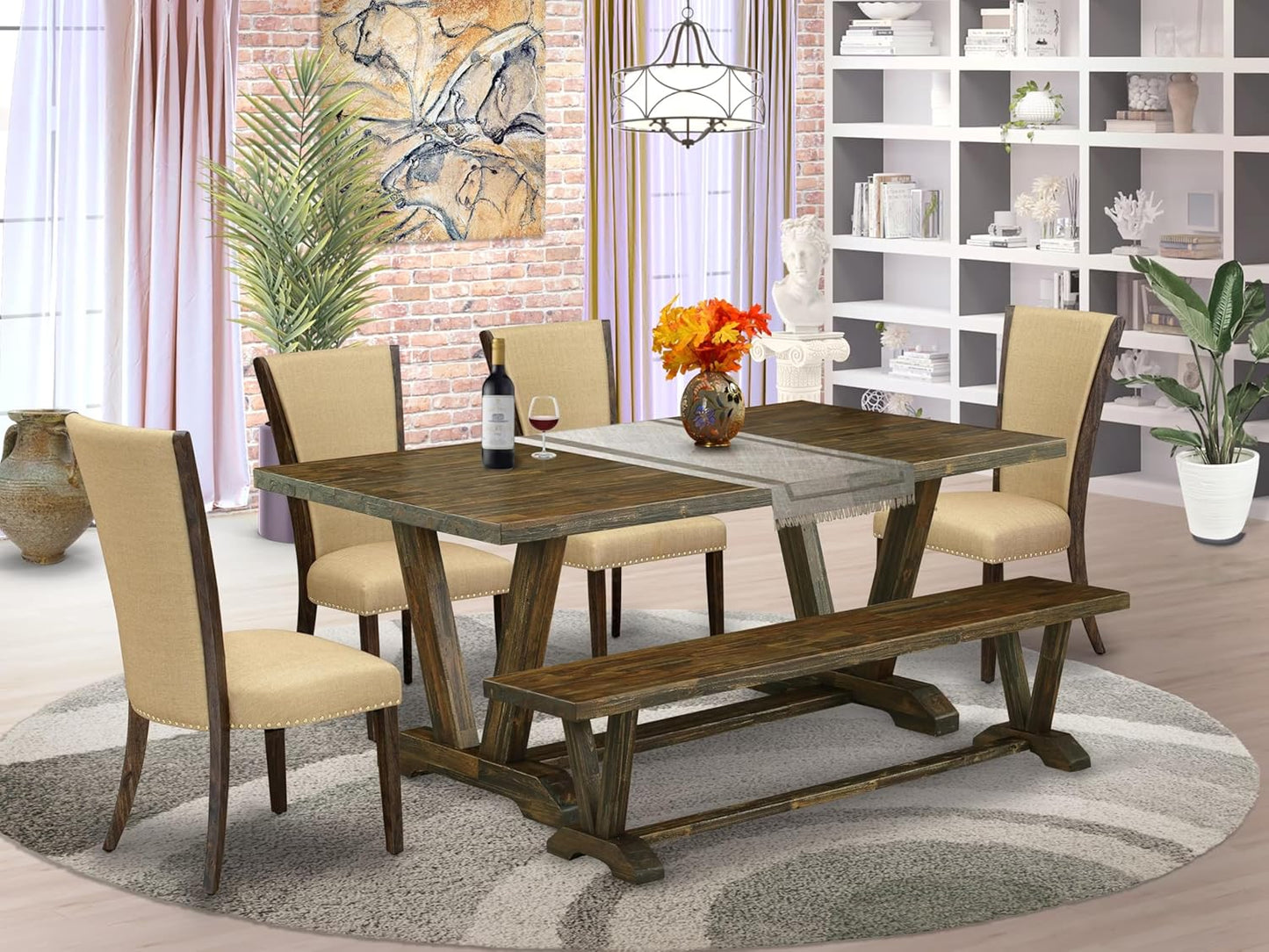 East West Furniture V777VE703-6 6 Piece Dining Set Contains a Rectangle Dining Room Table with V-Legs and 4 Brown Linen Fabric Parson Chairs with a Bench, 40x72 Inch, Multi-Color
