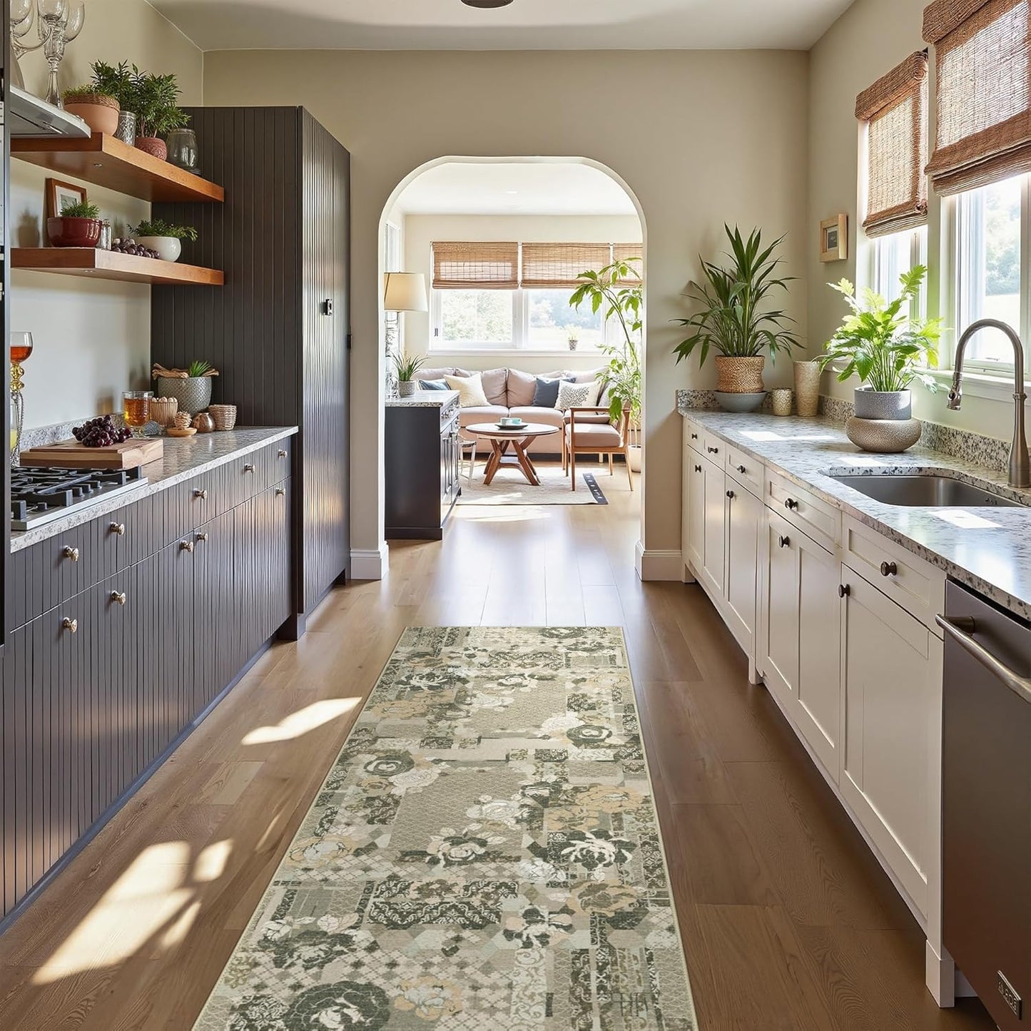 GENIMO Floral Runner Rug 2'6''x8, Machine Washable Non Slip Vintage Patchwork Hallway Runner, Ultra-Thin Low Pile Runners for Indoor Entryway, Hallway, Kitchen and Corridor, Taupe Gray