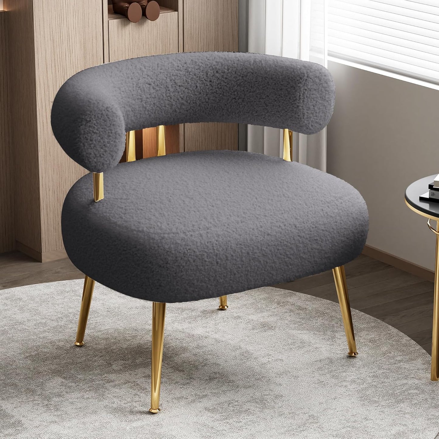 Mid Century Sherpa Boucle Accent Chair, Round Upholstered Barrel Arm Chair for Small Spaces, Fluffy Side Corner Sofa Chair for Living Room, Bedroom, Vanity, Office, Reading Nook(Grey)