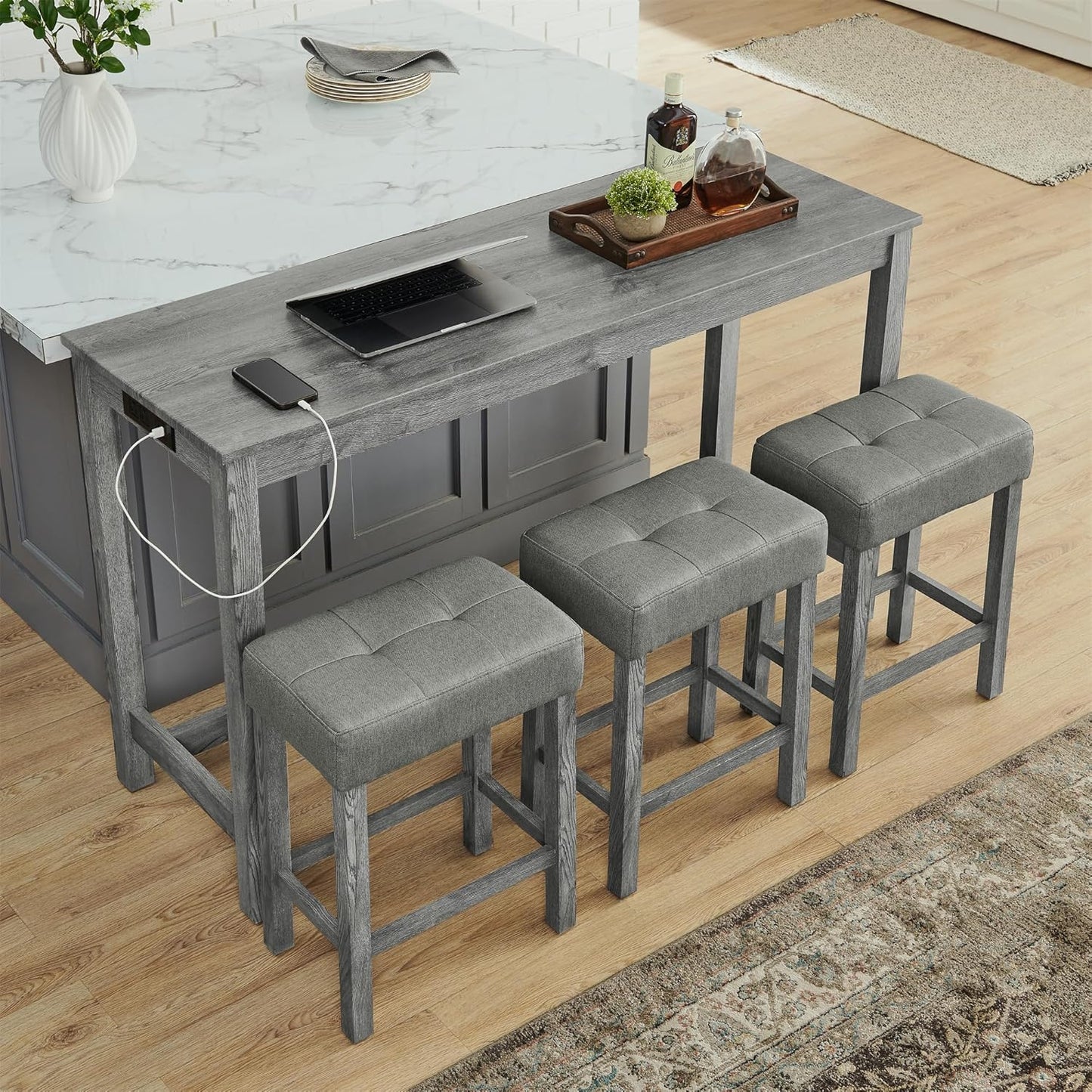 Ball & Cast 4 Piece Kitchen Dining Room Table and Chairs Set, Farmhouse Wooden Counter Height Bar-Sets w/USB Ports & Power Outlet & 3pcs Stools, 59" Sofa-Table Barstool w/Charging Station, Grey