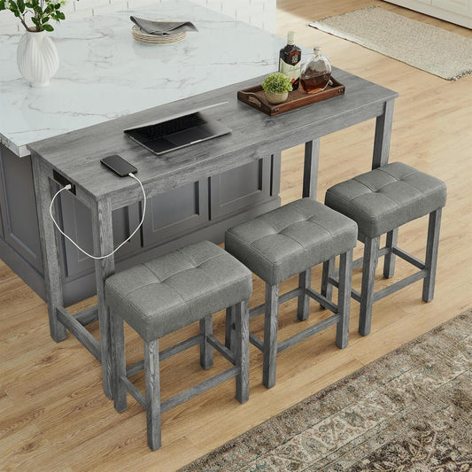 Ball & Cast 4 Piece Kitchen Dining Room Table and Chairs Set, Farmhouse Wooden Counter Height Bar-Sets w/USB Ports & Power Outlet & 3pcs Stools, 59" Sofa-Table Barstool w/Charging Station, Grey