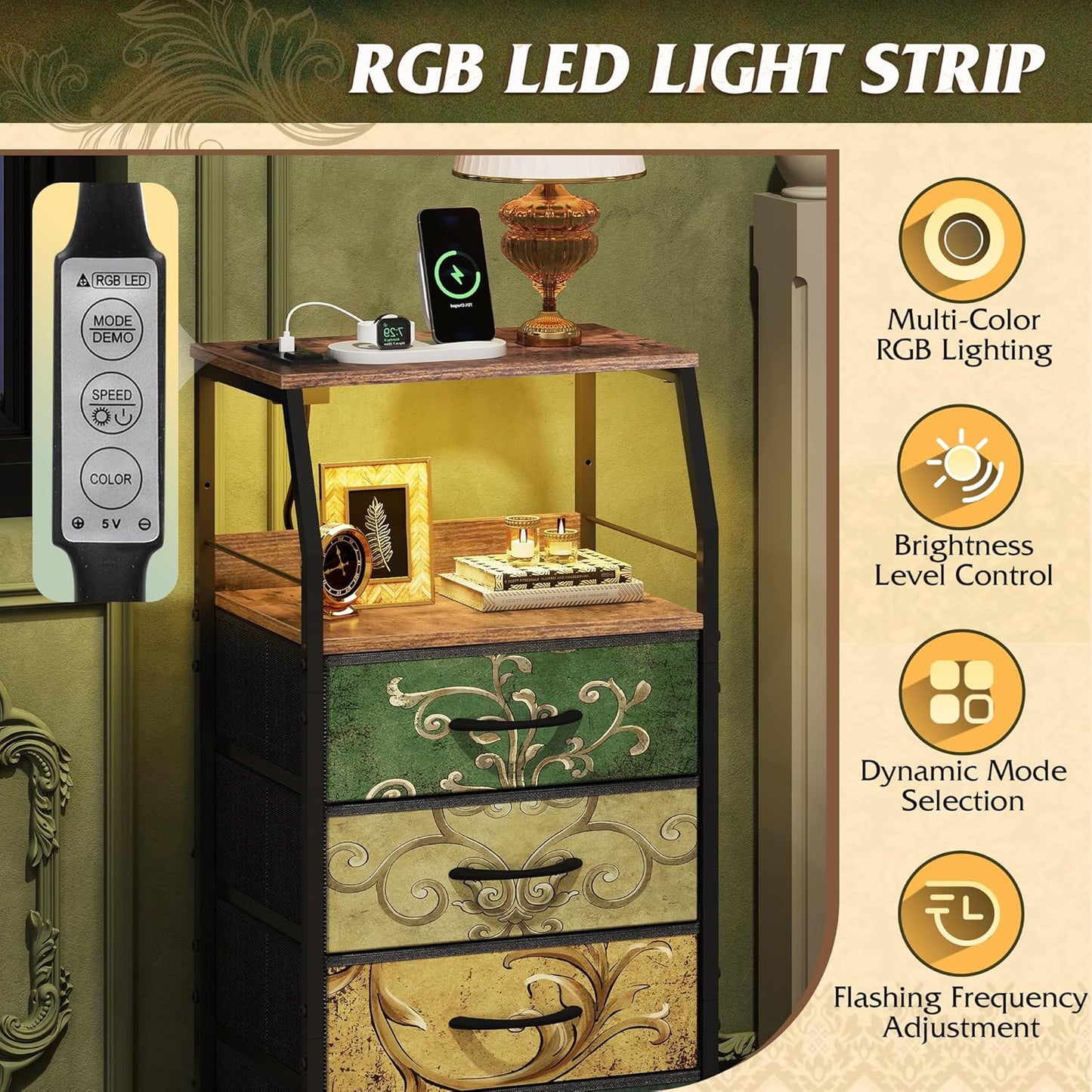 WLIVE 4 Drawer Dresser for Bedroom, 37" H Nightstand with Charging Station and Led Light, Tall Night Stand Bed Side Table, End Table with USB Ports and Outlets, Fabric Bins, Floral Painted