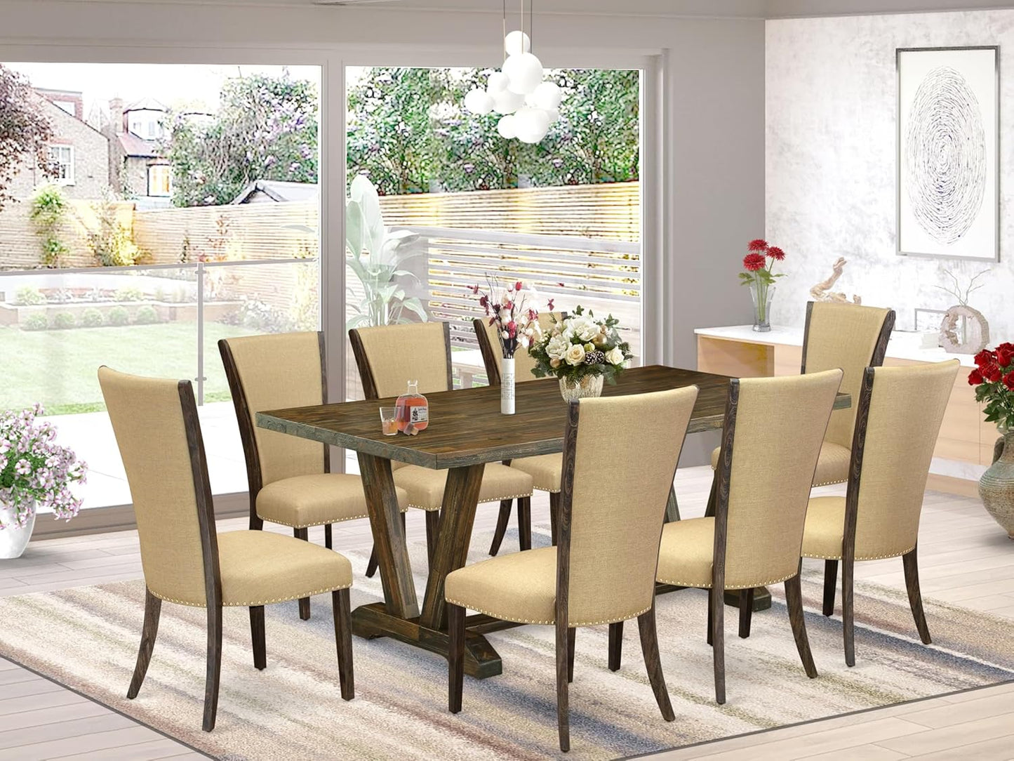 East West Furniture V777VE703-9 9 Piece Dining Room Table Set Includes a Rectangle Dining Table with V-Legs and 8 Brown Linen Fabric Upholstered Parson Chairs, 40x72 Inch, Multi-Color