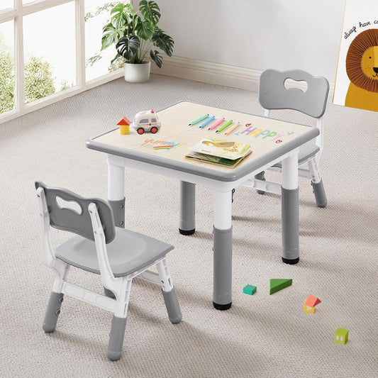 Kids Table & Chairs Set (2 Chairs) Height Adjustable for Ages 2-8 | Non-Slip Toddler Activity Table with Wipe-Clean Desktop, Montessori Learning & Art Drawing Table for Home Preschool
