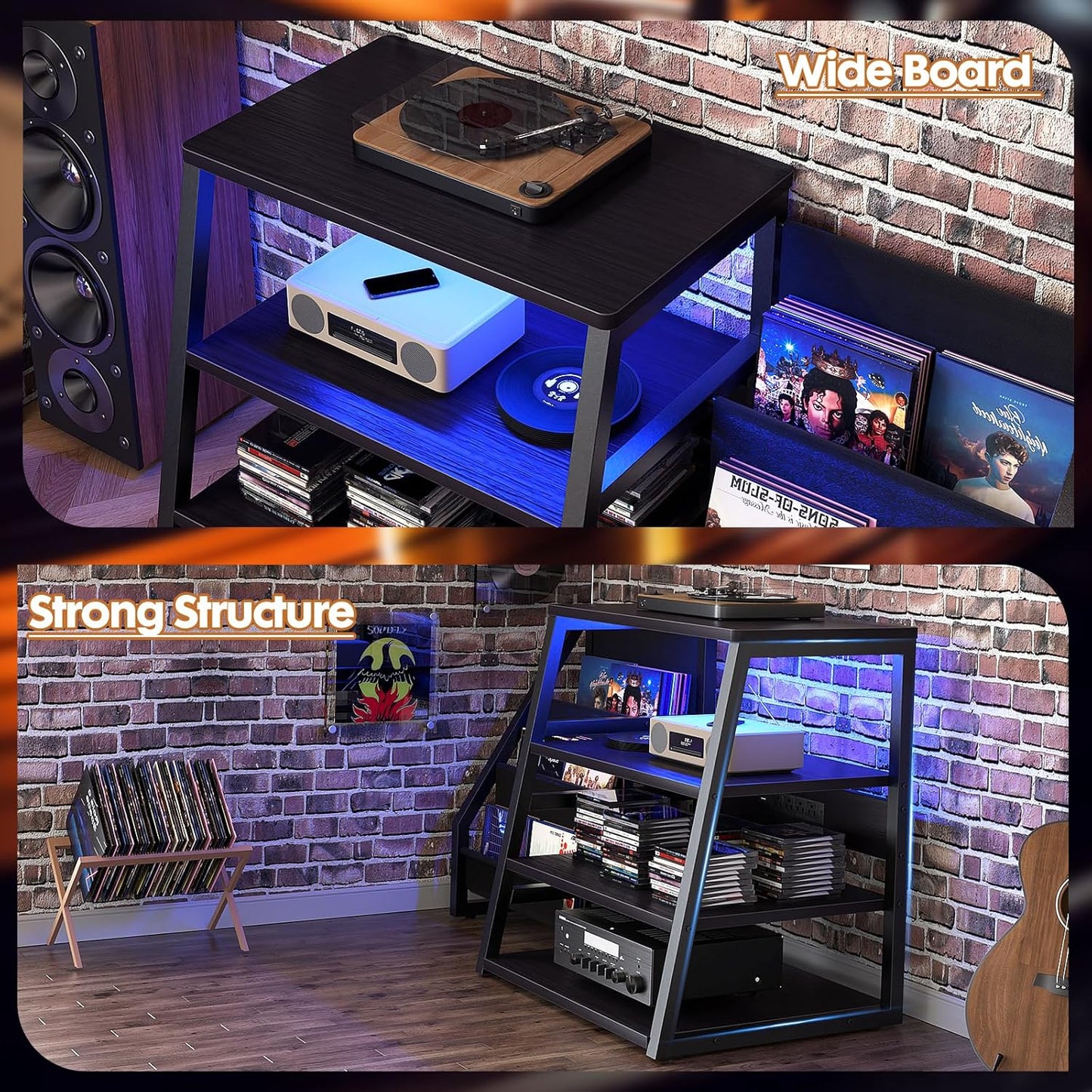 AV Media Stand with Outlets, Stereo Stands and Racks with Vinyl Storage, Stereo Stand with Record Storage, Audio Stereo Rack Cabinet, Turntable Console Stand with LED lights, 4 Tiers, Black Ebony